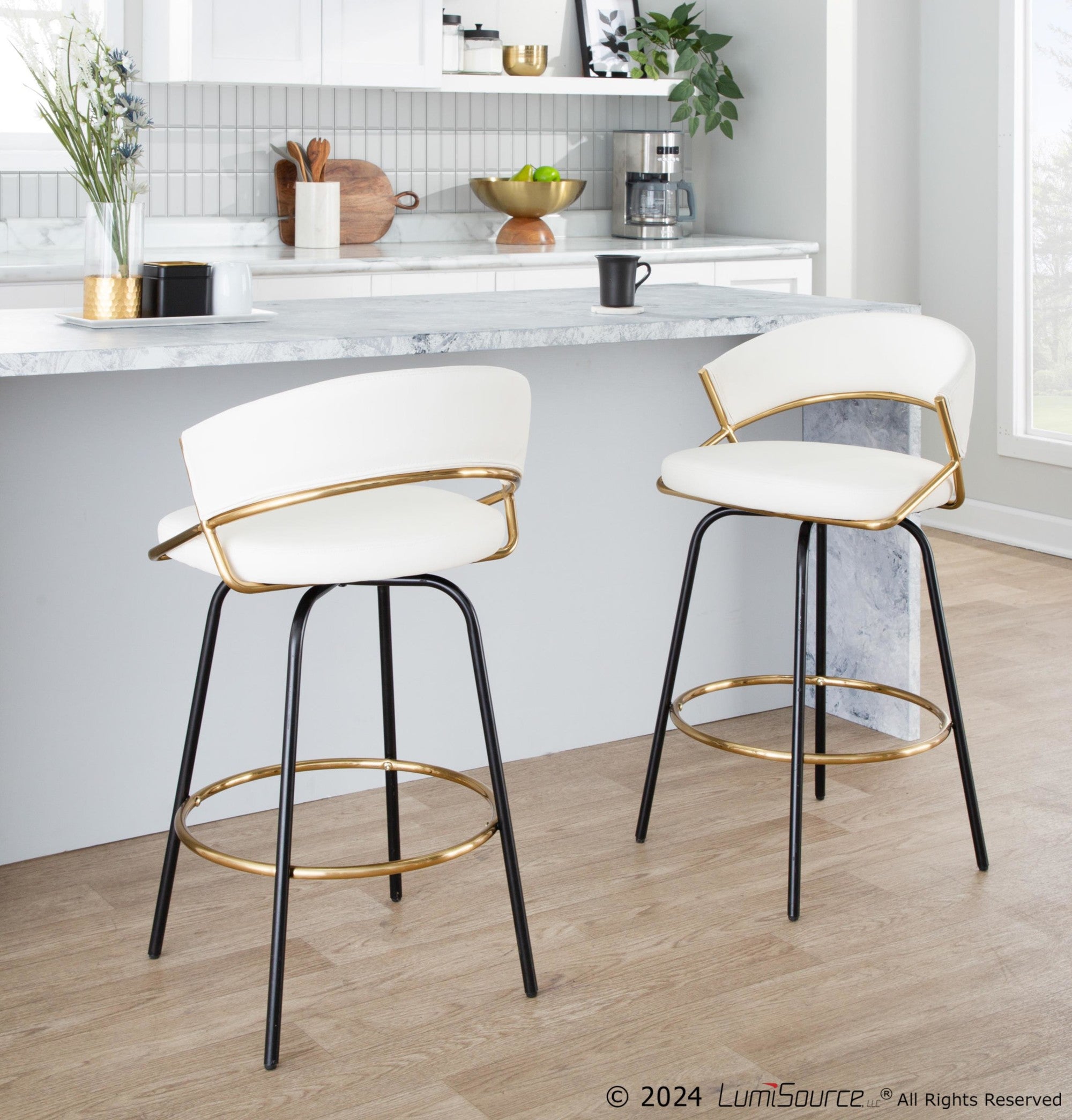 Jie 26" Fixed-Height Counter Stool - Set of 2 - Black Metal, Gold Metal, White PU
