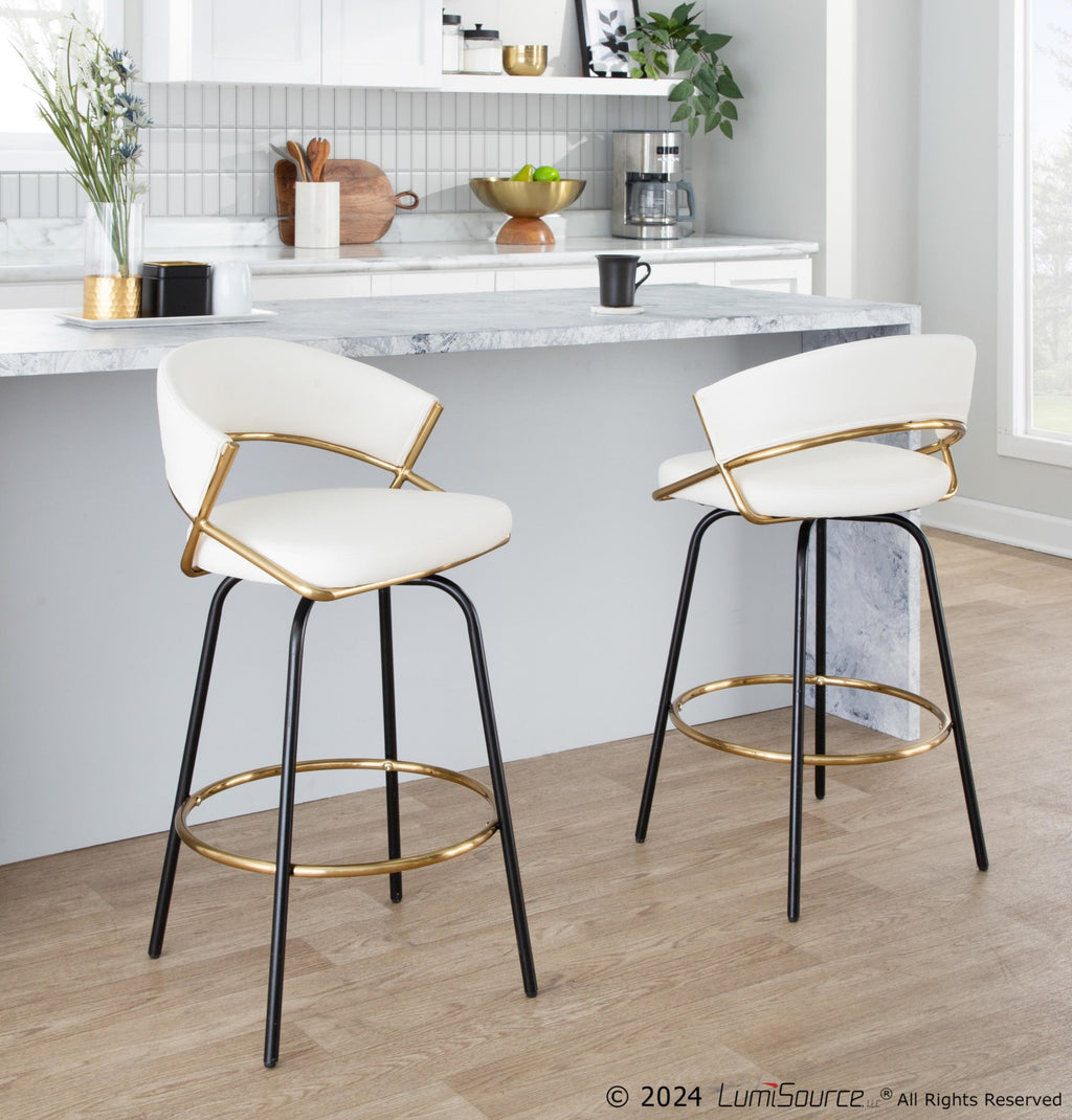 Jie 26" Fixed-Height Counter Stool - Set of 2 - Black Metal, Gold Metal, White PU