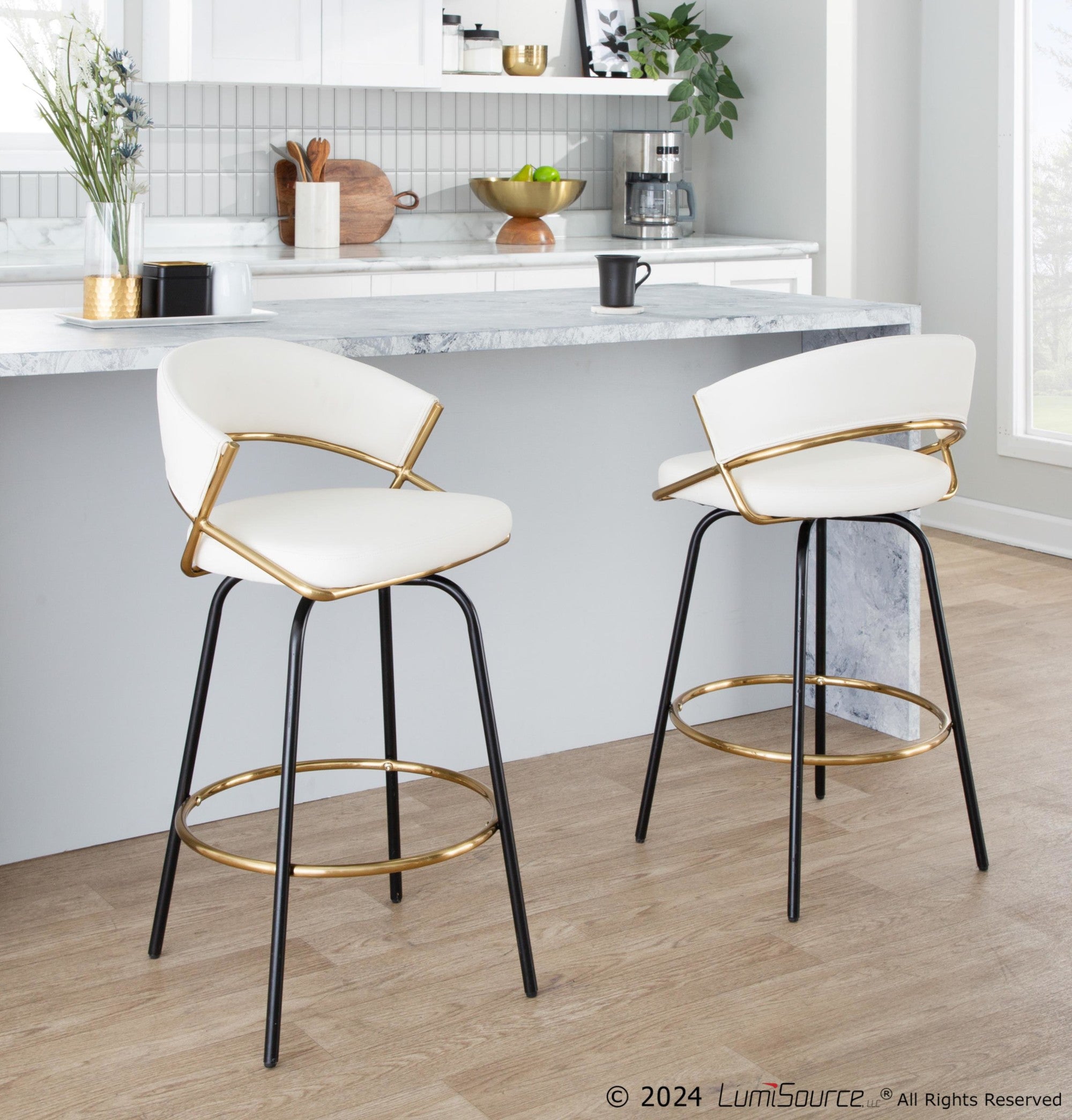 Jie 26" Fixed-Height Counter Stool - Set of 2 - Black Metal, Gold Metal, White PU