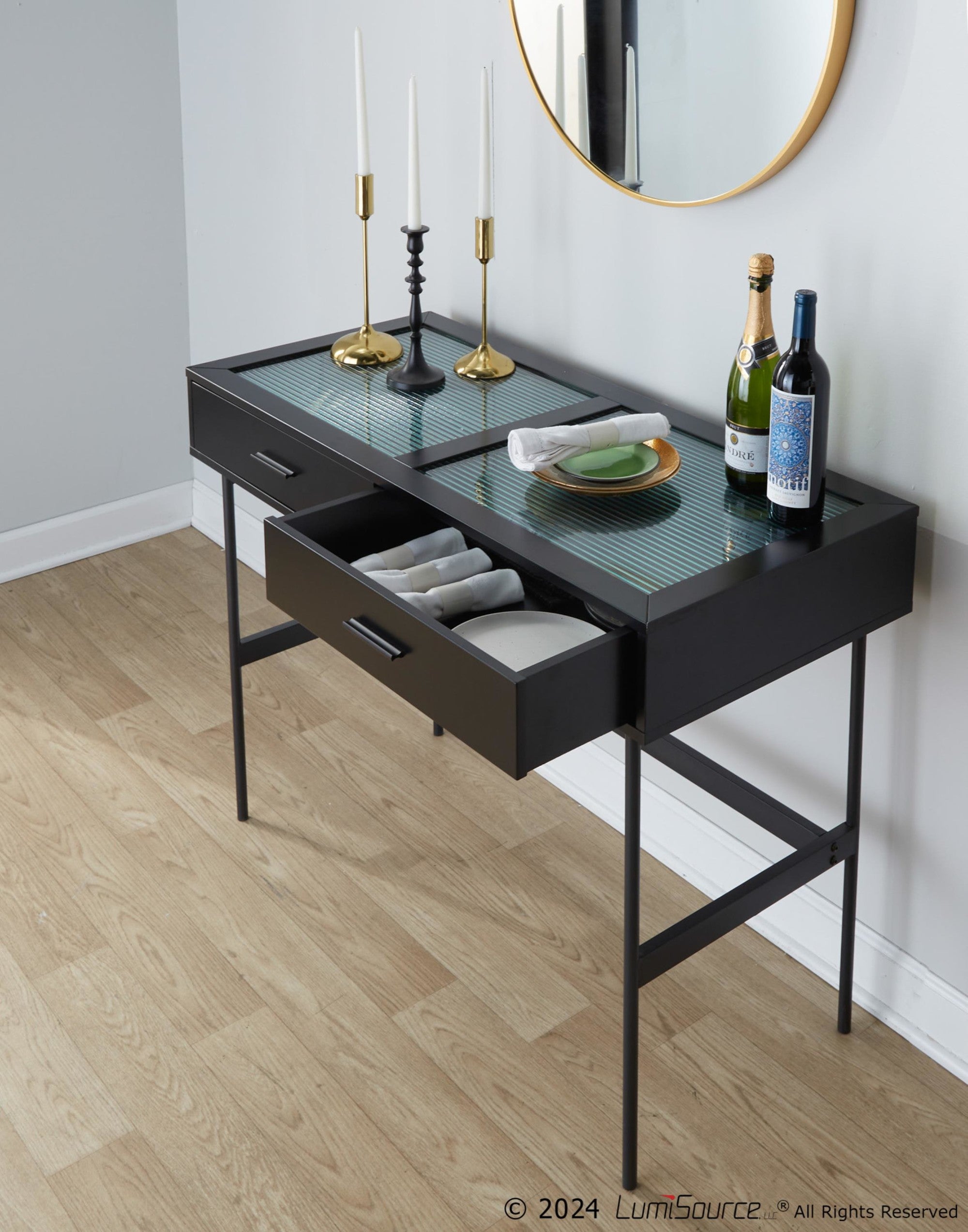 Emery Console Table - Black Steel, Black Wood