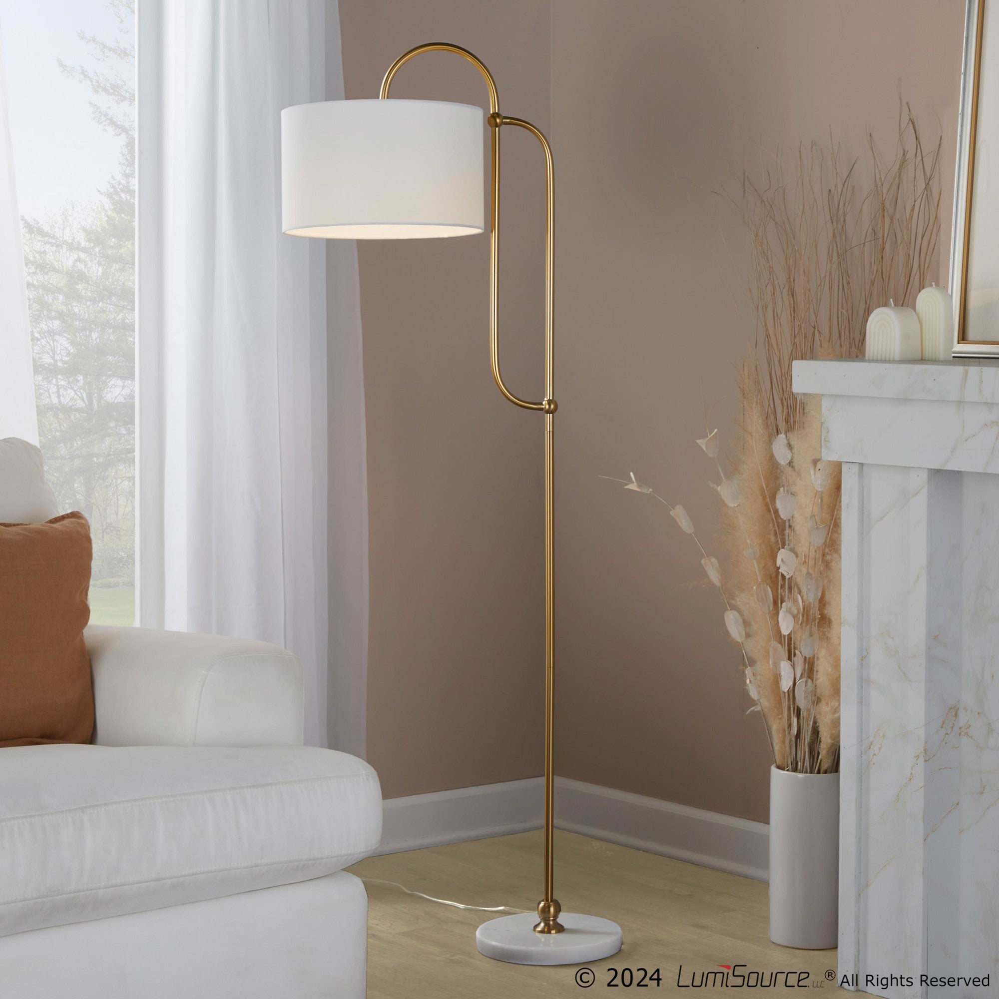 Leslie 63" Floor Lamp - White Marble, Gold Metal, White Linen