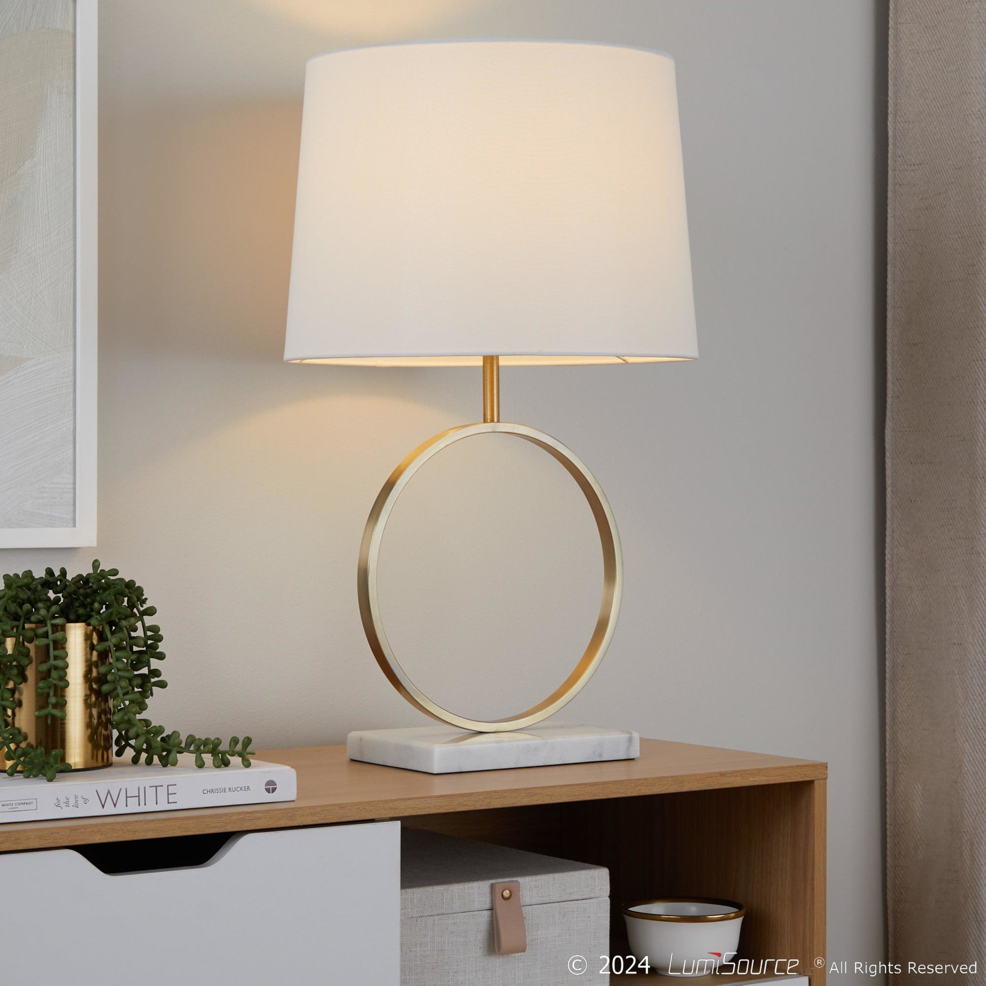 Moon Table Lamp - White Marble, Gold Metal, White Linen
