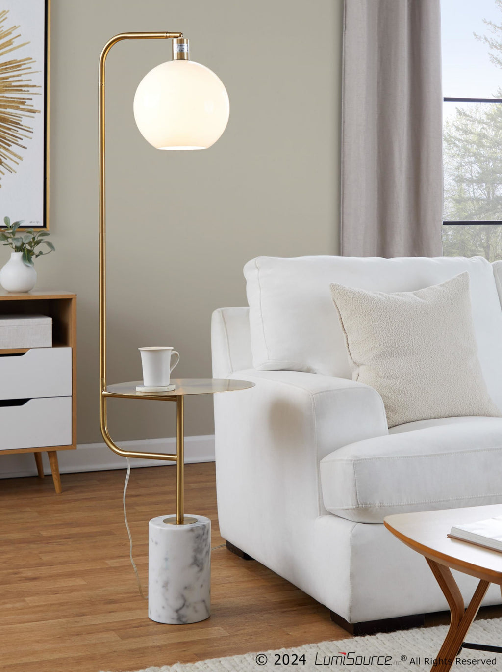 Symbol Floor Lamp With Side Table - White Marble, Gold Metal, White Shade