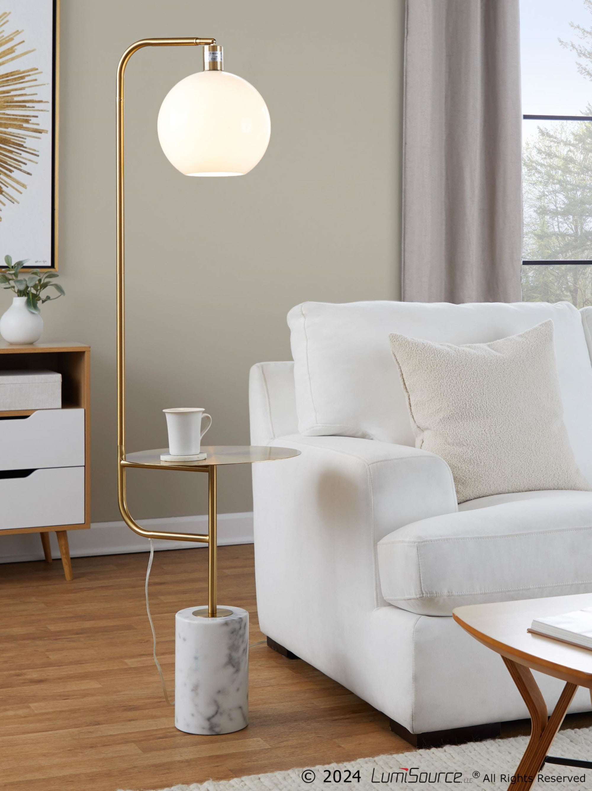 Symbol Floor Lamp With Side Table - White Marble, Gold Metal, White Shade