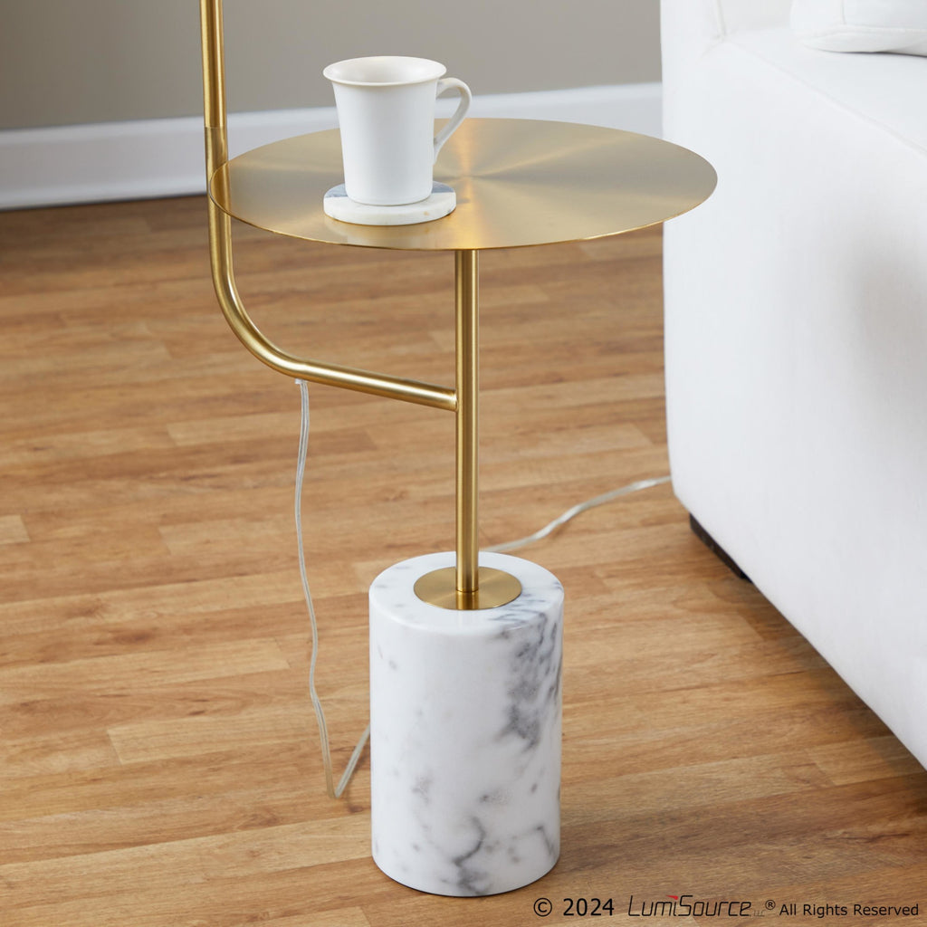 Symbol Floor Lamp With Side Table - White Marble, Gold Metal, White Shade
