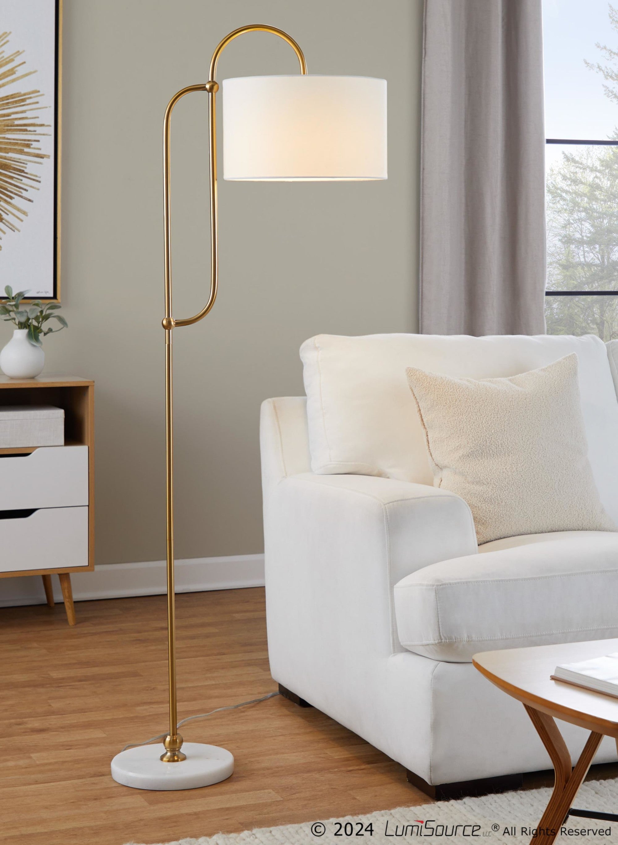 Leslie 63" Floor Lamp - White Marble, Gold Metal, White Linen