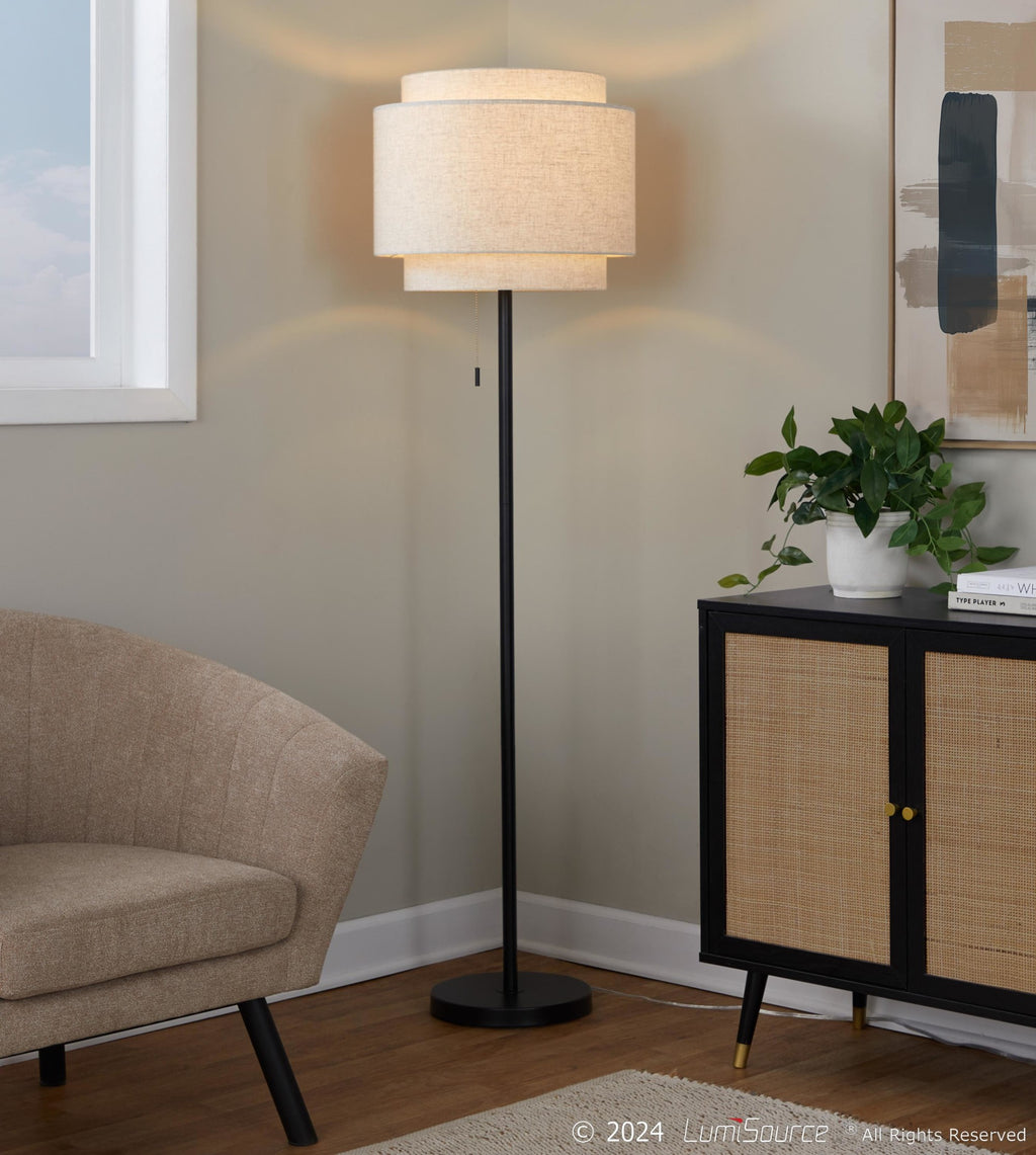 Tier 64" Metal Floor Lamp - Black Metal, Biege Linen