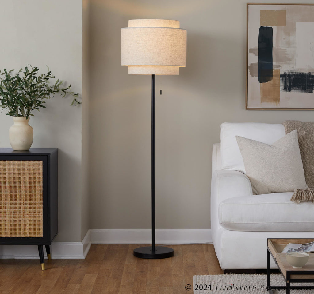 Tier 64" Metal Floor Lamp - Black Metal, Biege Linen