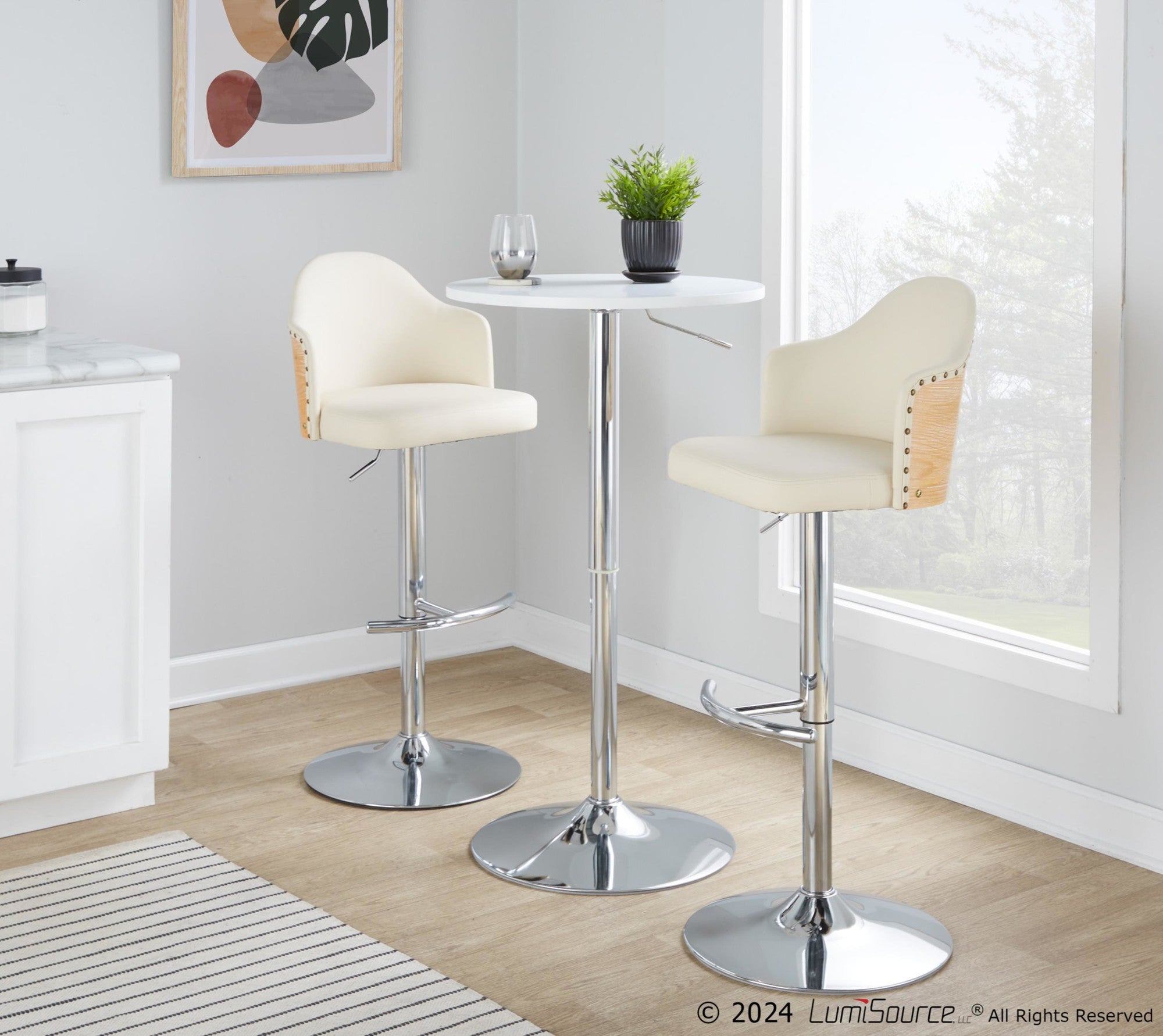 Ahoy Adjustable Barstool - Set of 2 - Chrome Metal, Natural Bamboo, Cream PU