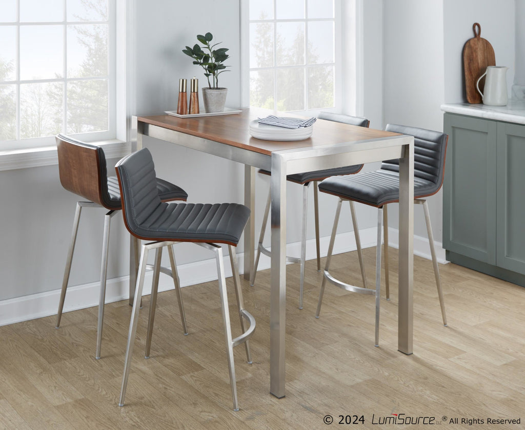 Mason 26" Fixed-Height Counter Stool - Set of 2 - Stainless Steel, Walnut Wood, Grey PU