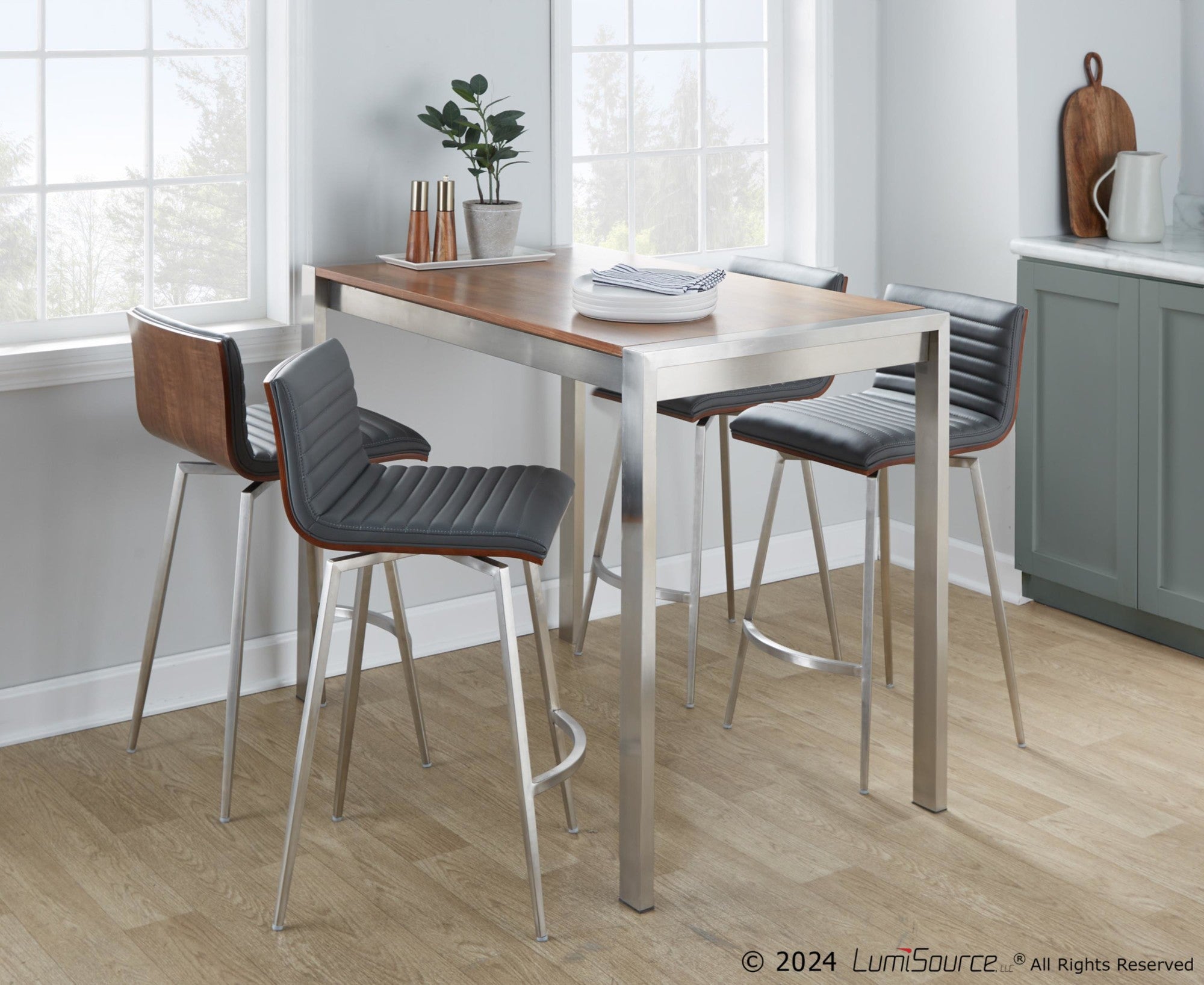 Mason 26" Fixed-Height Counter Stool - Set of 2 - Stainless Steel, Walnut Wood, Grey PU