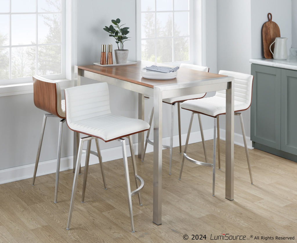 Mason 26" Fixed-Height Counter Stool - Set of 2 - Stainless Steel, Walnut Wood, White PU