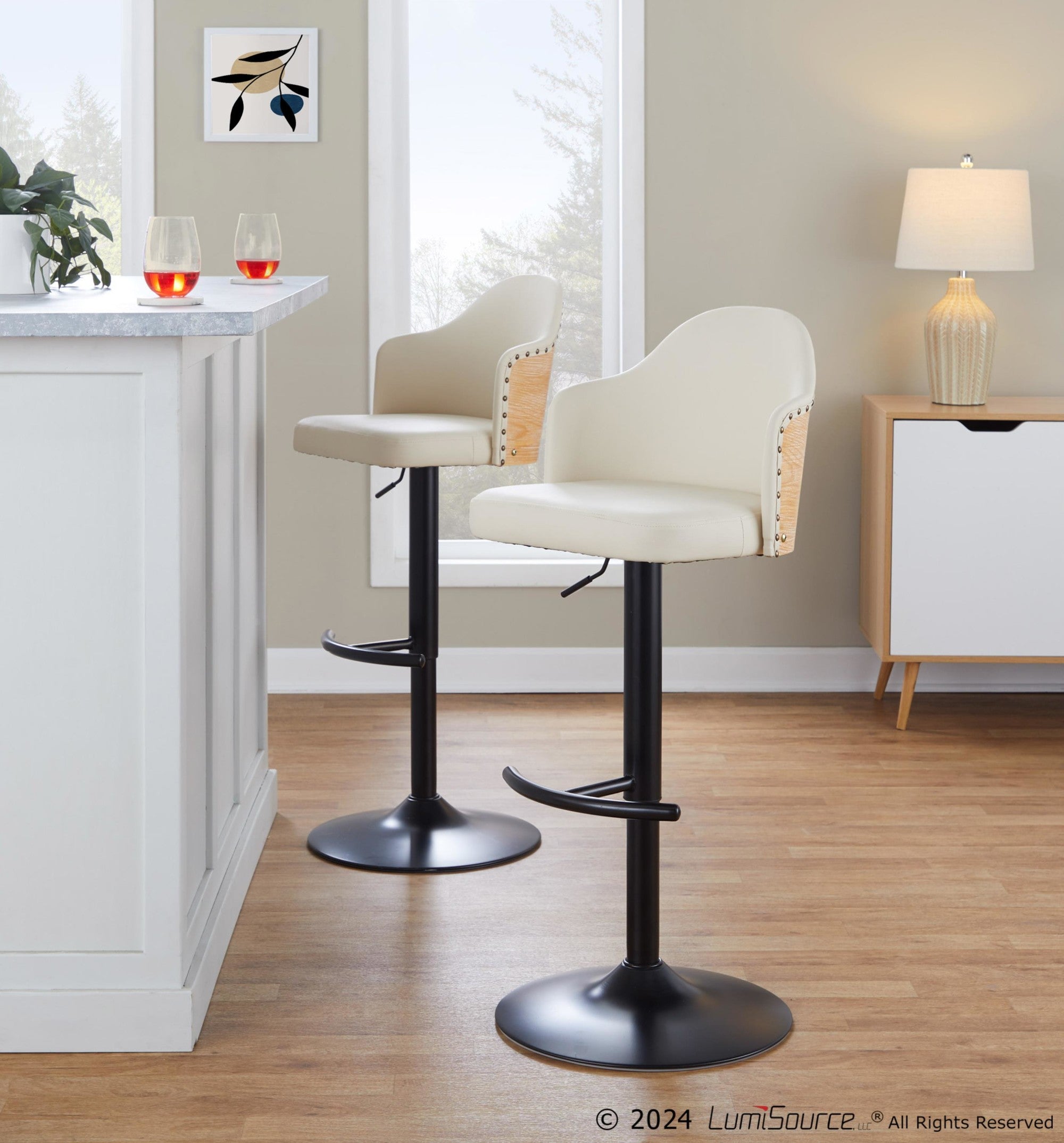 Ahoy Adjustable Barstool - Set of 2 - Black Metal, Natural Bamboo, Cream PU