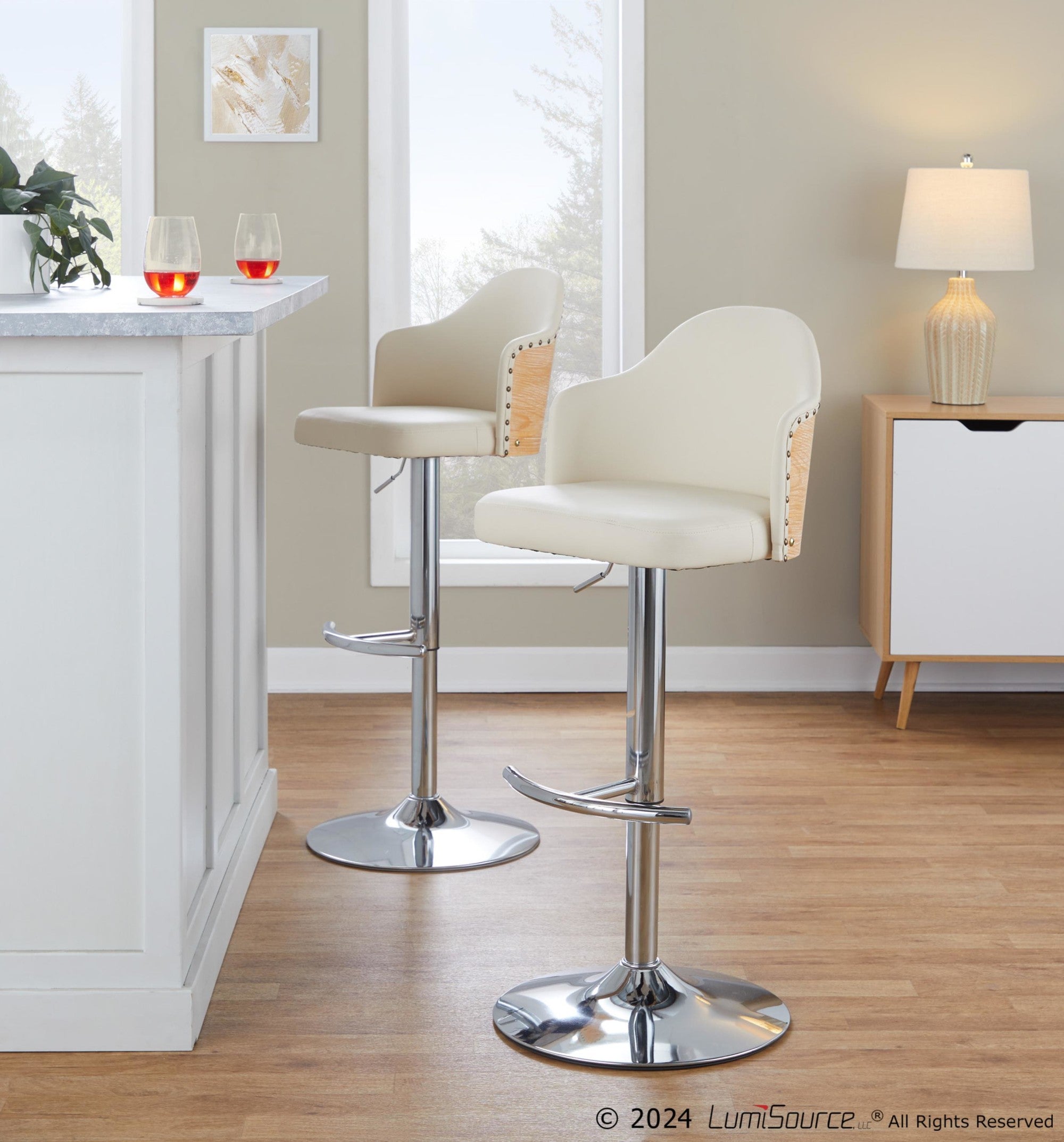 Ahoy Adjustable Barstool - Set of 2 - Chrome Metal, Natural Bamboo, Cream PU