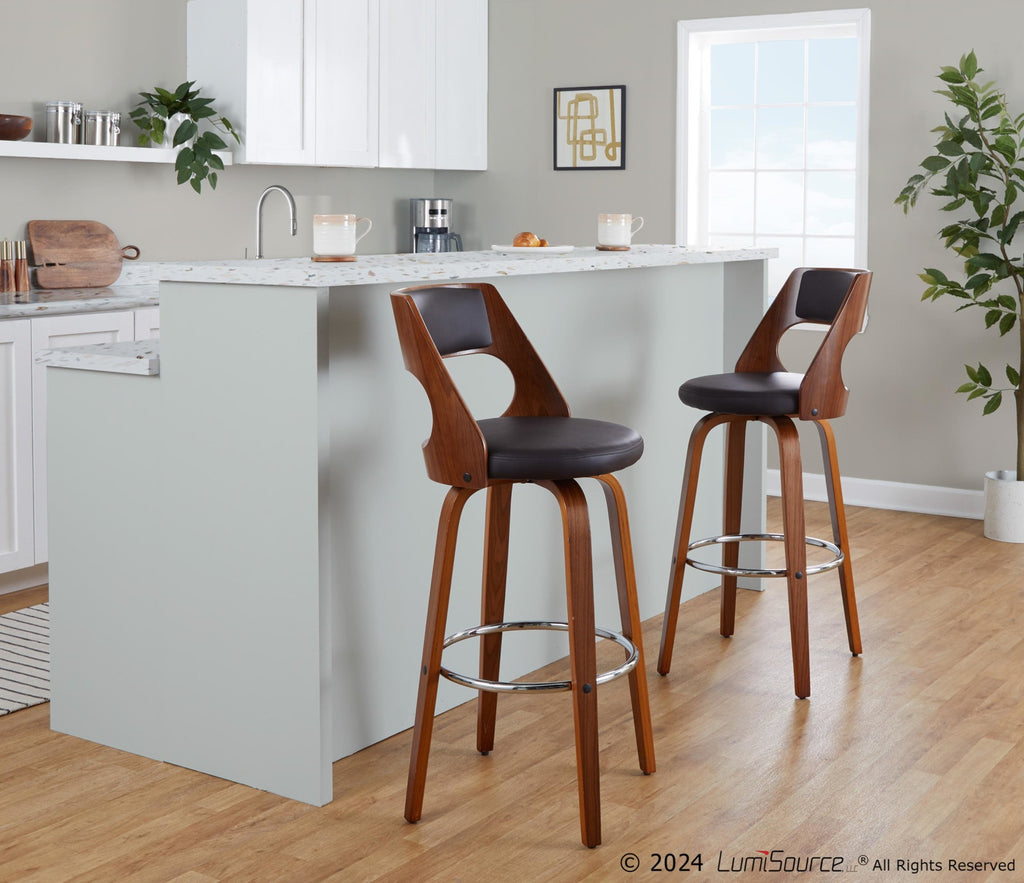 Cecina 30" Fixed-Height Barstool - Set of 2 - Walnut Wood, Brown PU, Chrome
