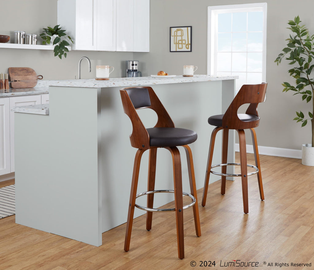 Cecina 30" Fixed-Height Barstool - Set of 2 - Walnut Wood, Brown PU, Chrome