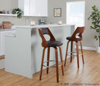 Cecina 30" Fixed-Height Barstool - Set of 2 - Walnut Wood, Brown PU, Chrome