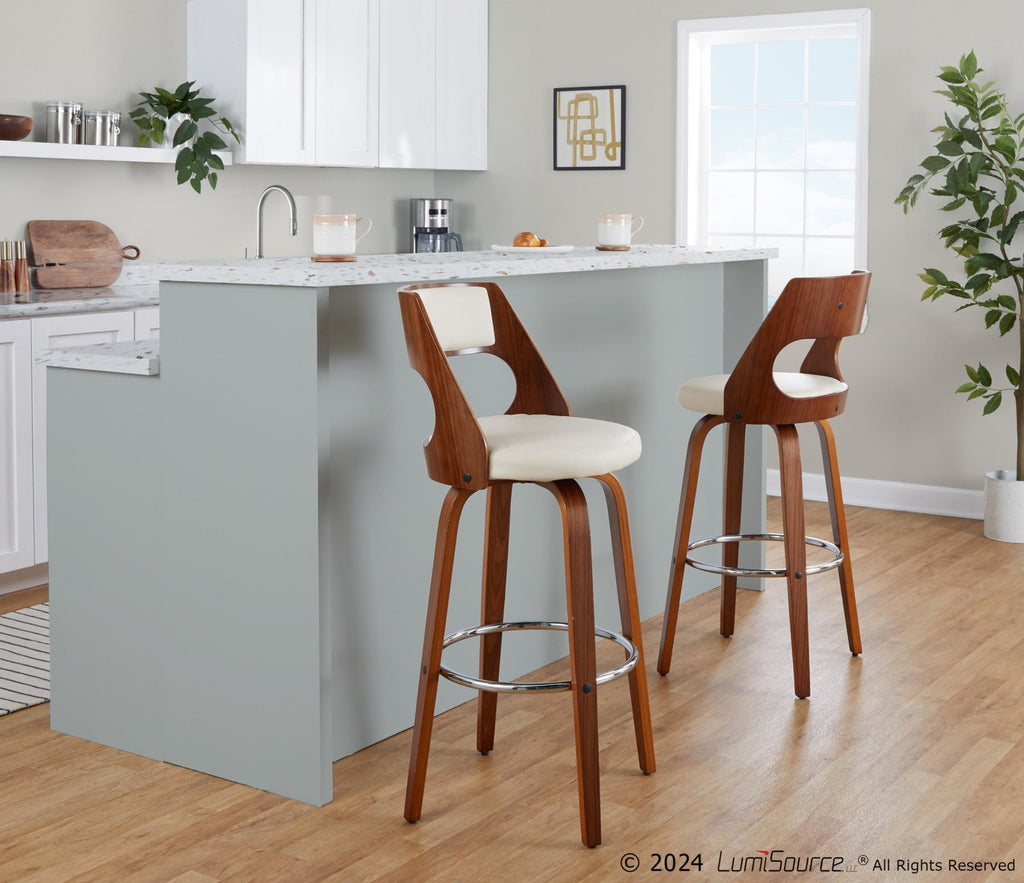 Cecina 30" Fixed-Height Barstool - Set of 2 - Walnut Wood, Cream PU, Chrome