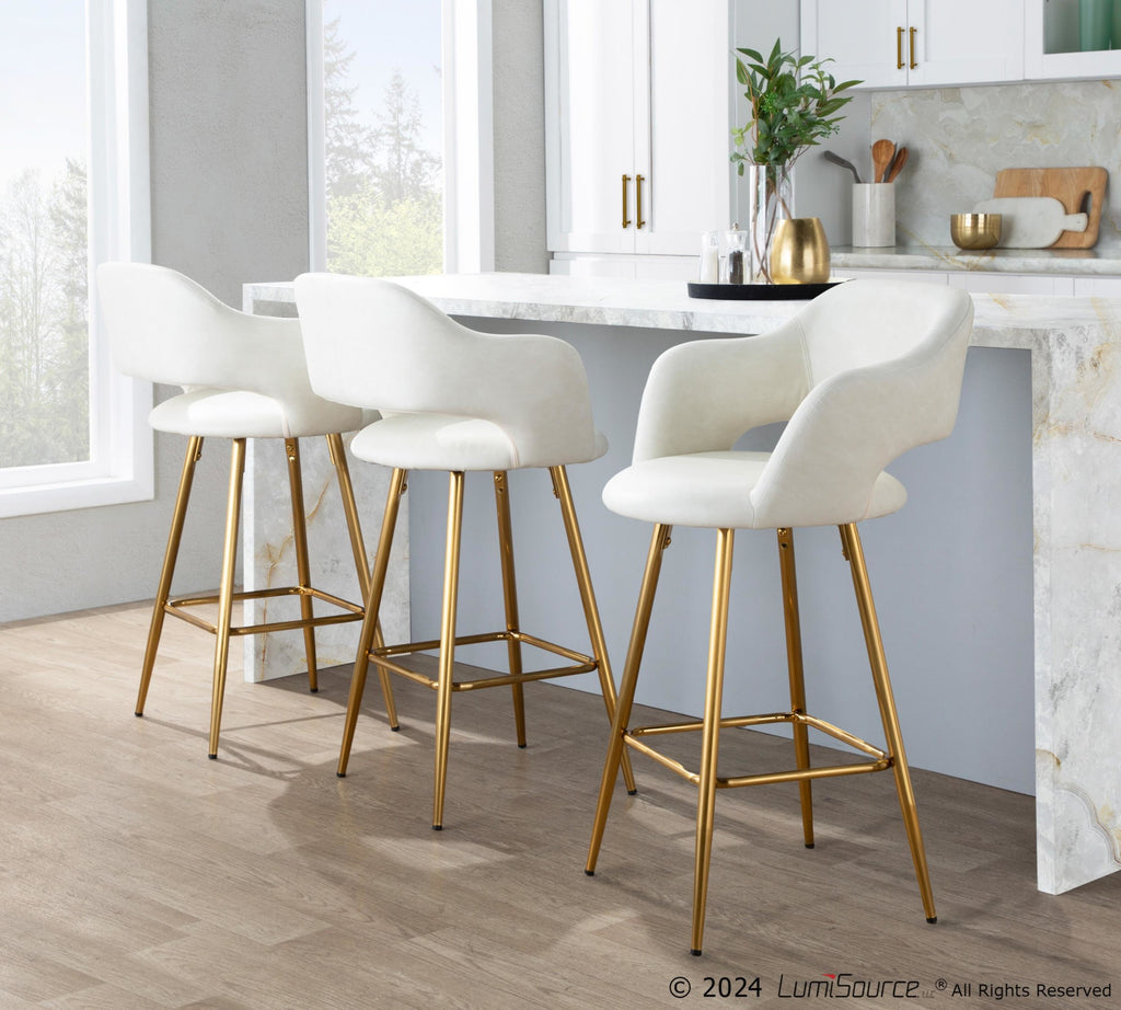 Margarite 26" Fixed-Height Counter Stool - Set of 2 - Gold Metal, Cream PU