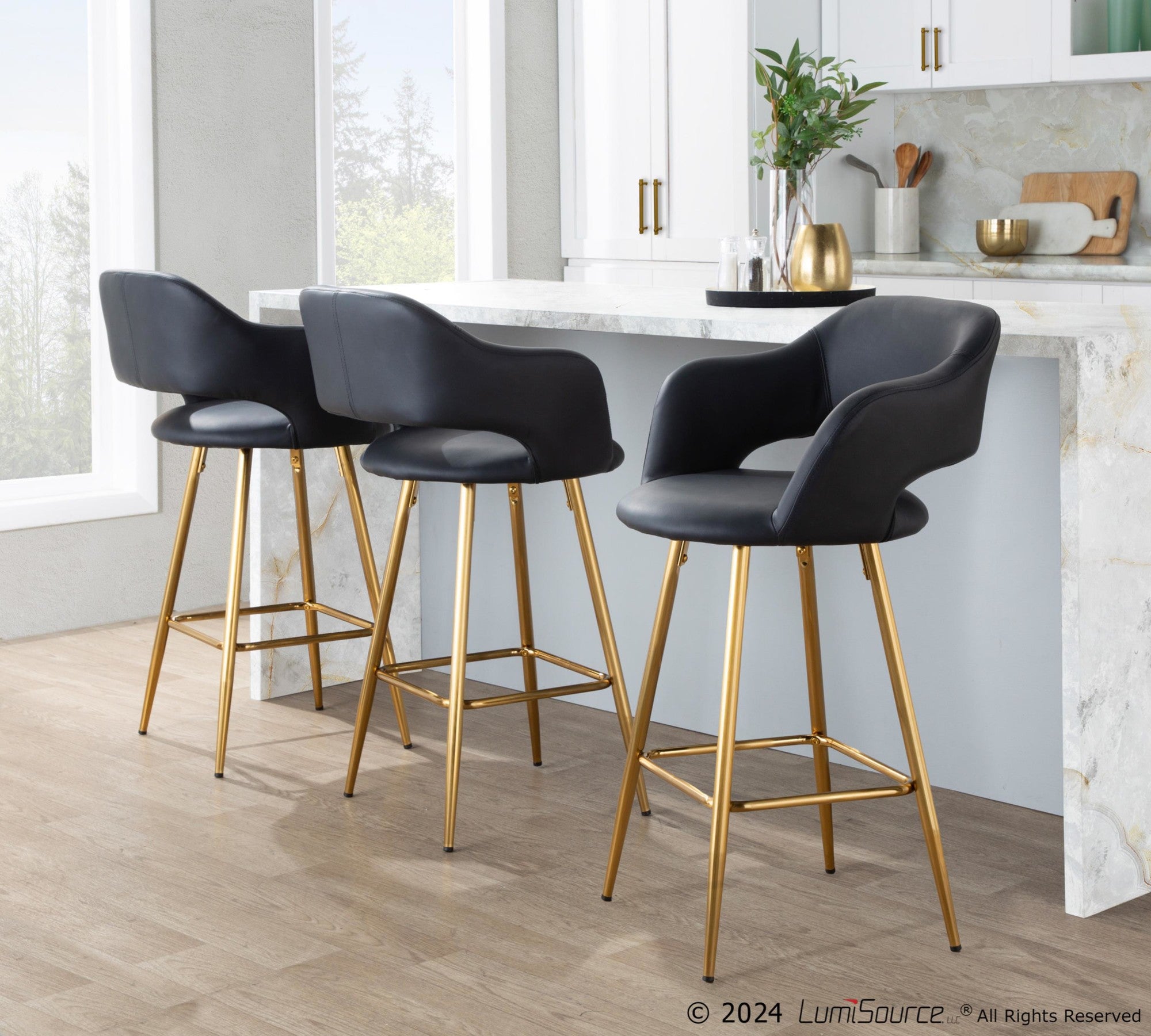Margarite 26" Fixed-Height Counter Stool - Set of 2 - Gold Metal, Black PU