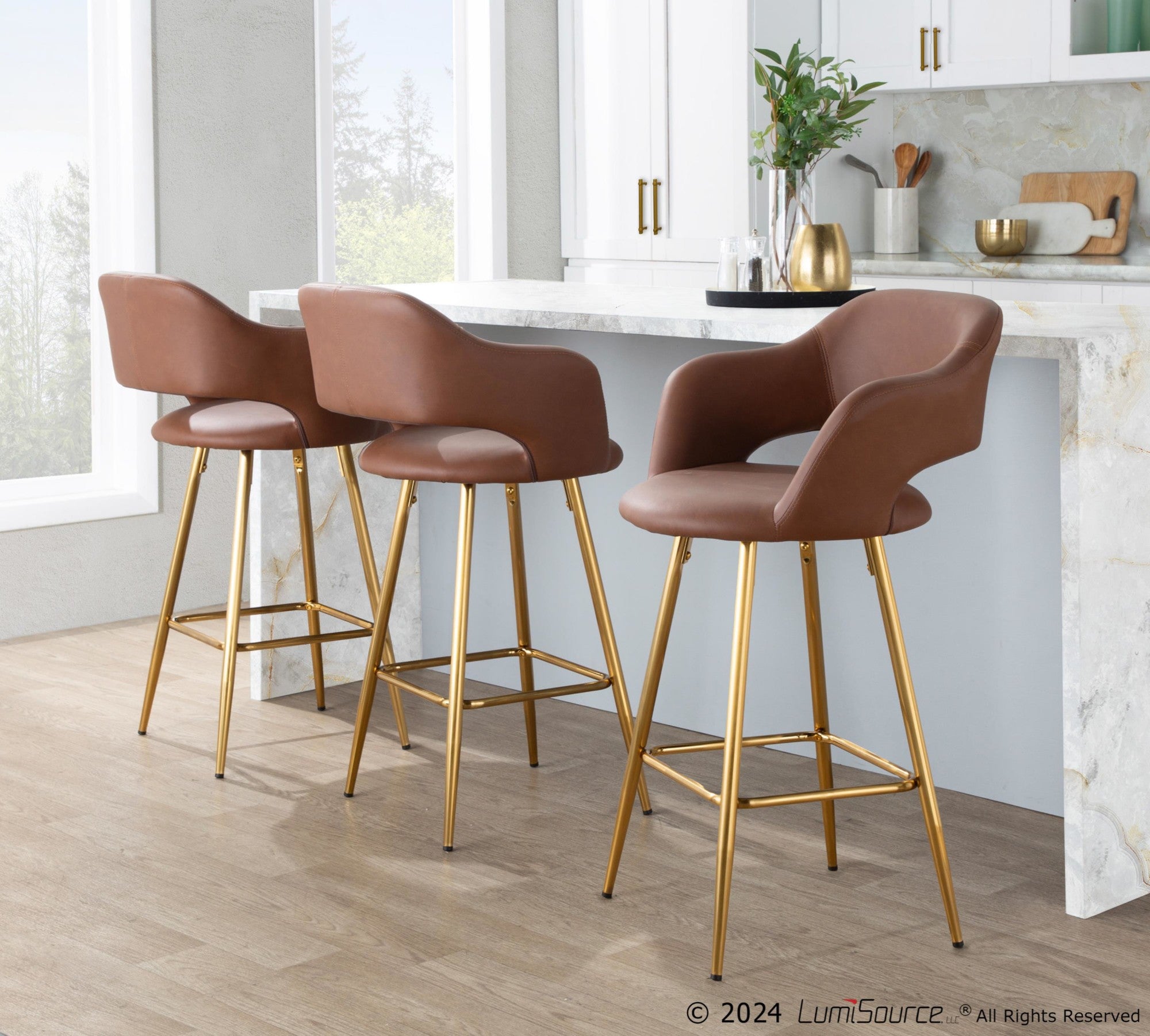 Margarite 26" Fixed-Height Counter Stool - Set of 2 - Gold Metal, Brown PU