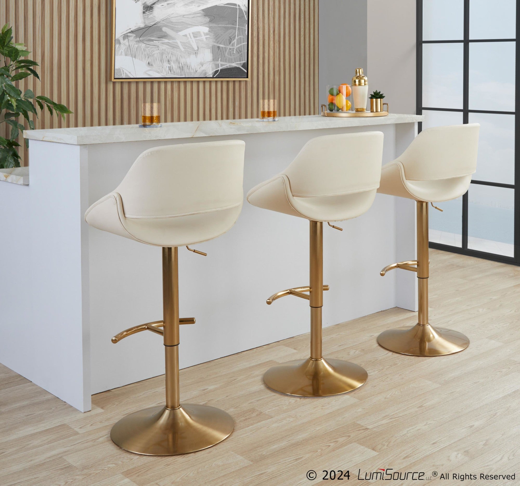 Fabrico Adjustable Barstool - Set of 2 - Gold Metal, Cream PU