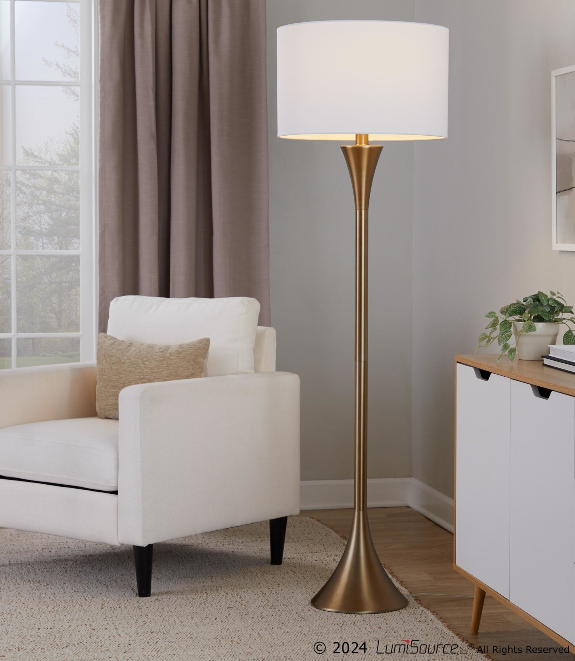 Lenuxe 65" Metal Floor Lamp - Matte Golden Bronze Metal, White Linen