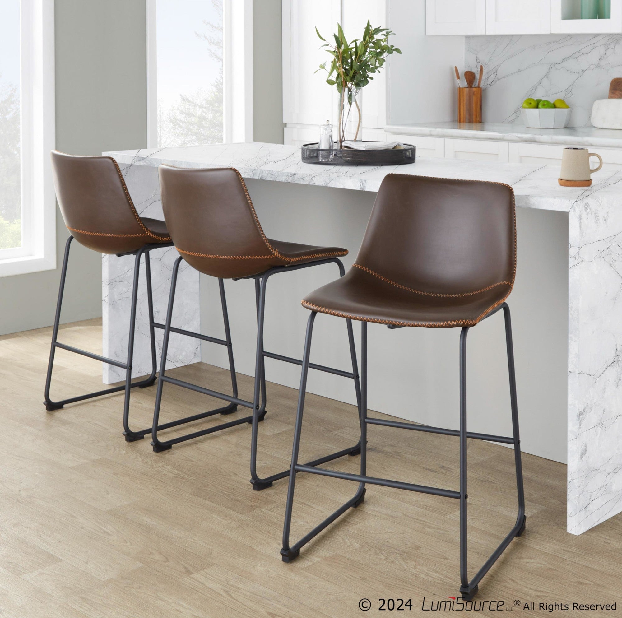 Duke 26" Fixed-Height Counter Stool - Black Metal, Espresso PU, Orange Zig Zag Stitching