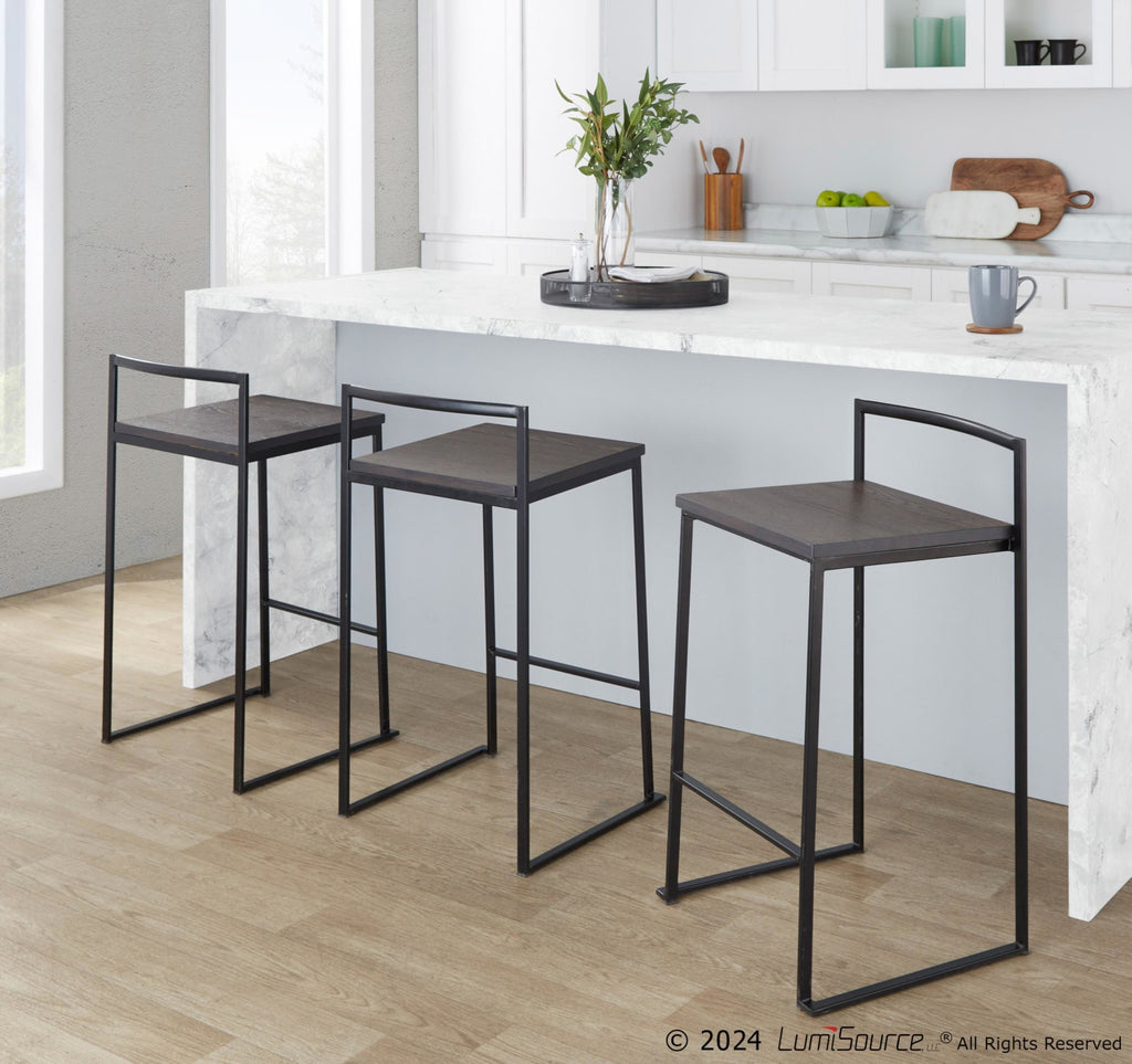 Fuji Stacker Counter Stool - Set of 2 - Black Metal, Espresso Bamboo