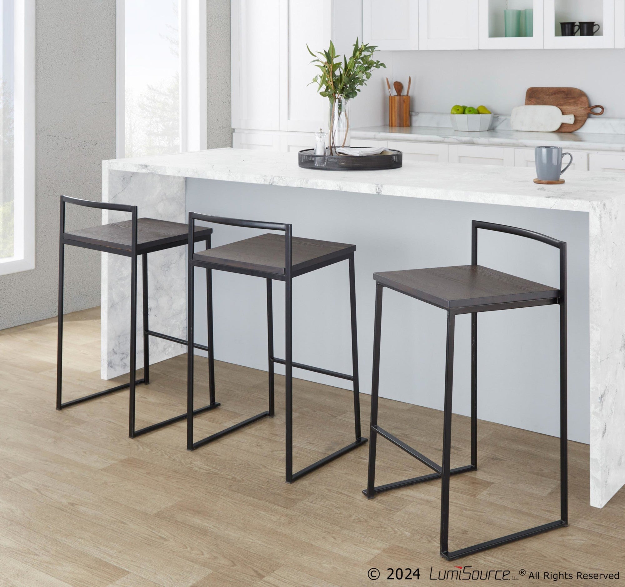 Fuji Stacker Counter Stool - Set of 2 - Black Metal, Espresso Bamboo