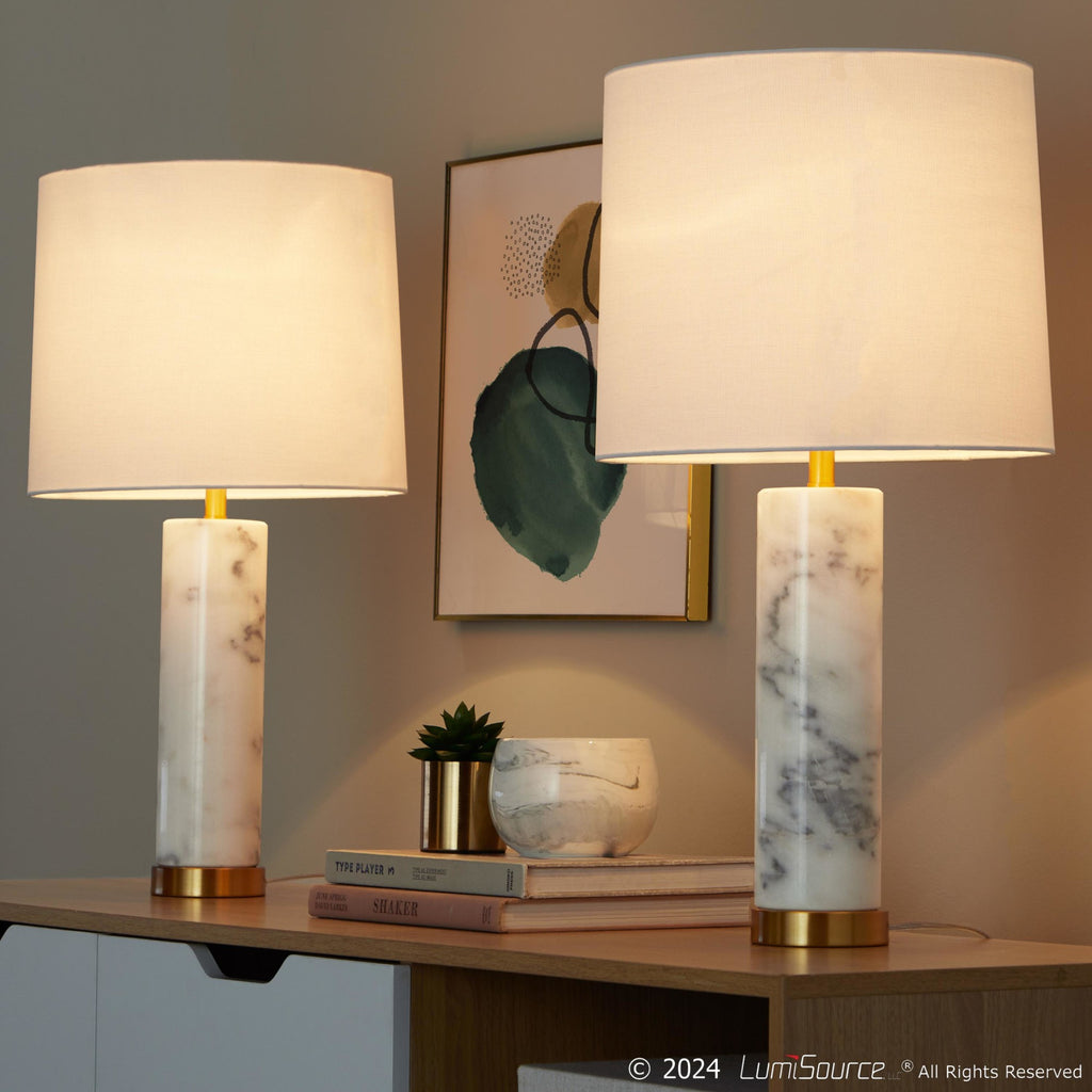Marbella 26" Marble Table Lamp - Set of 2 - White Marble, Brass Metal, White Linen