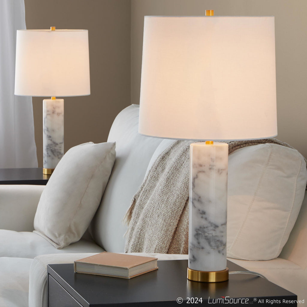 Marbella 26" Marble Table Lamp - Set of 2 - White Marble, Brass Metal, White Linen