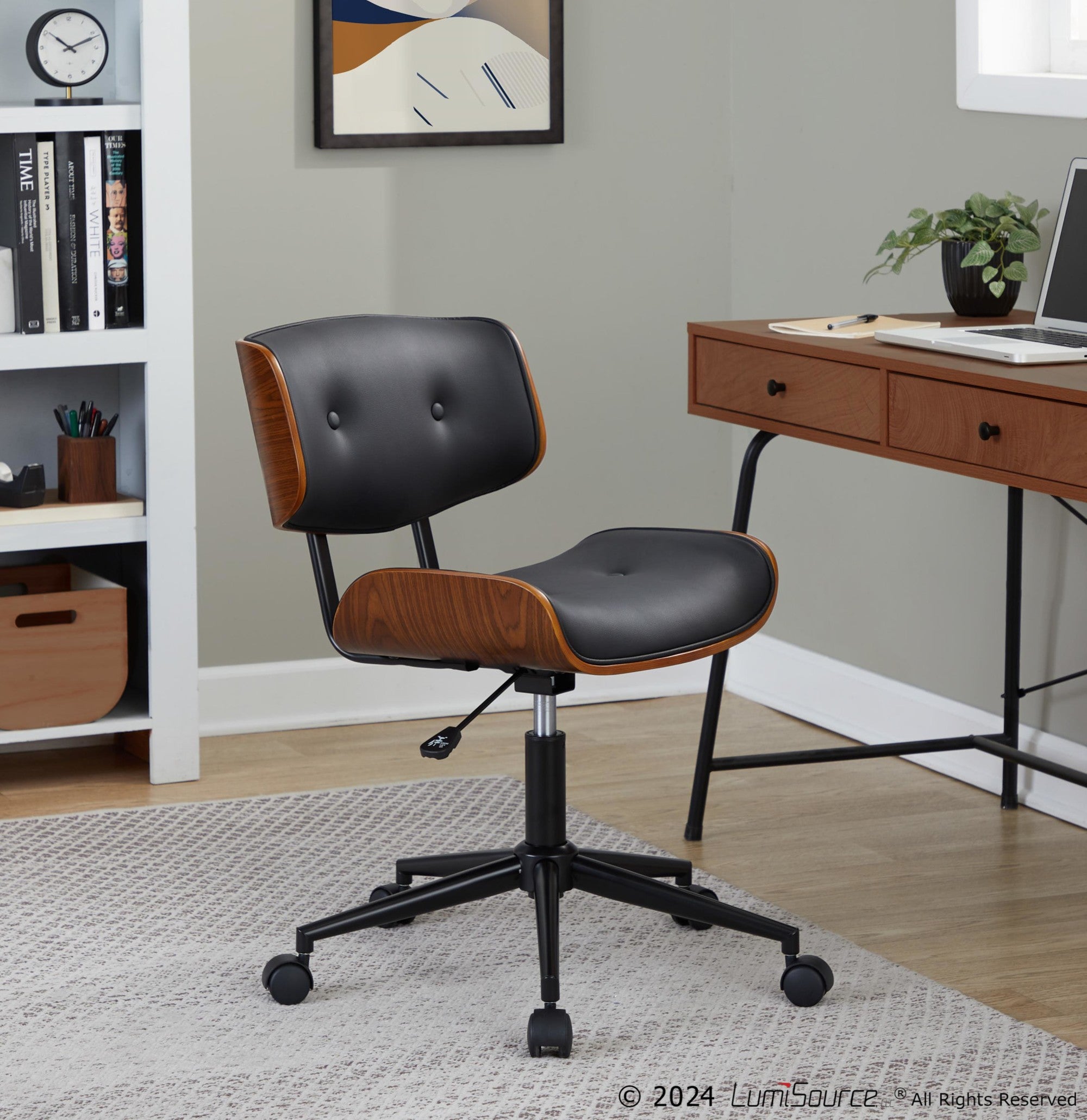 Lombardi Office Chair - Black Metal, Walnut Wood, Black PU