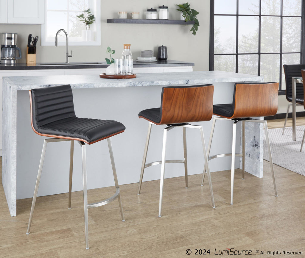 Mason 26" Fixed-Height Counter Stool - Set of 2 - Stainless Steel, Walnut Wood, Black PU