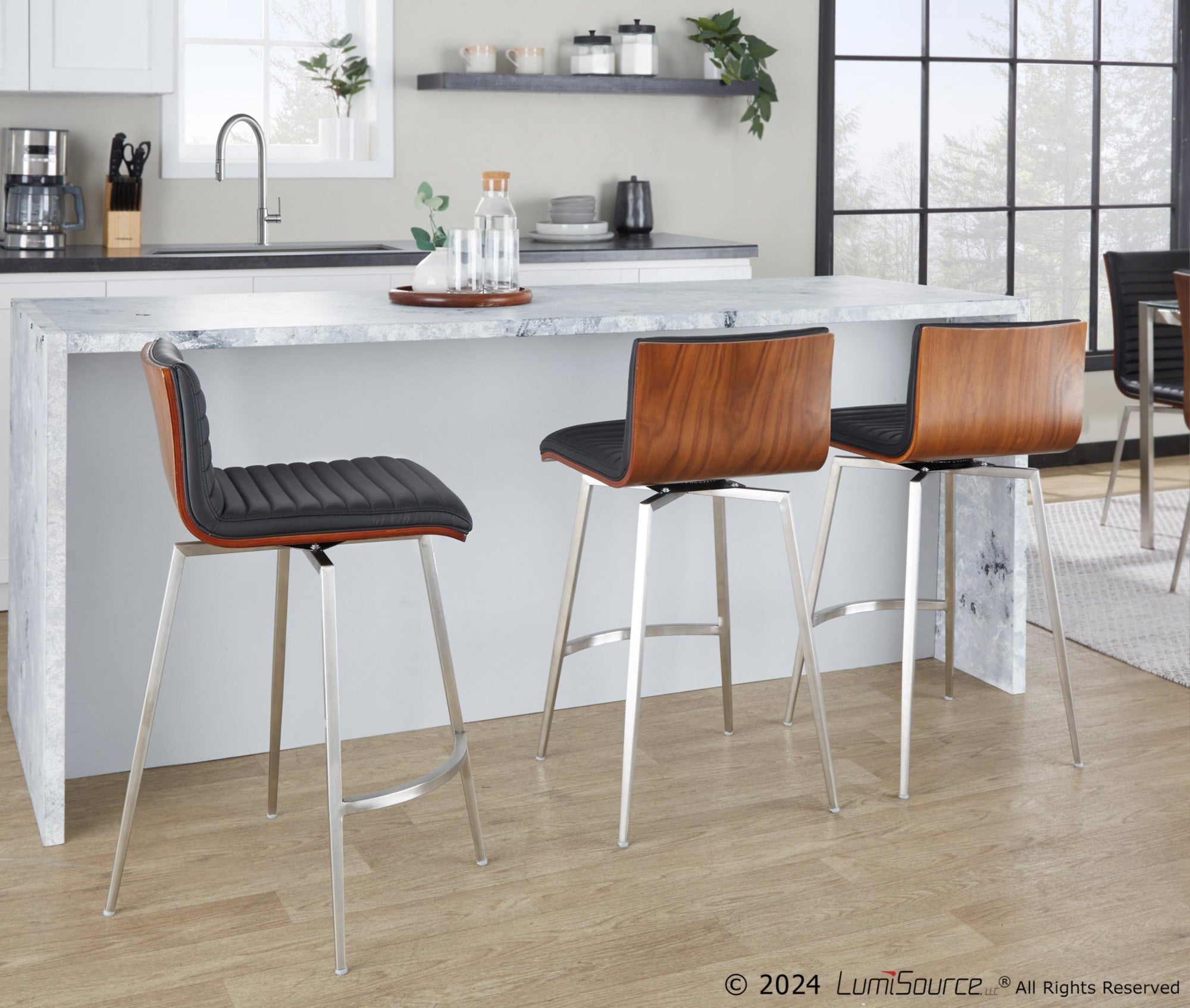 Mason 26" Fixed-Height Counter Stool - Set of 2 - Stainless Steel, Walnut Wood, Black PU