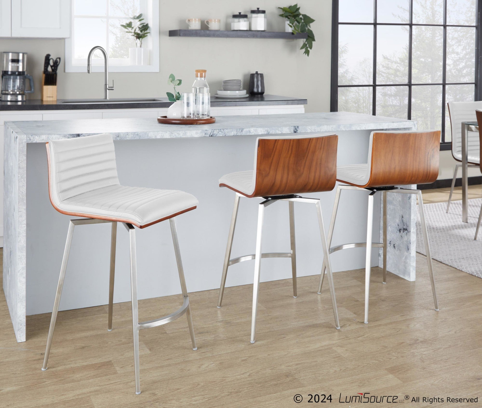 Mason 26" Fixed-Height Counter Stool - Set of 2 - Stainless Steel, Walnut Wood, White PU