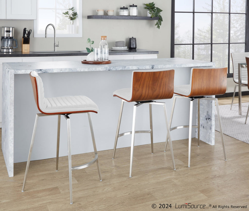 Mason 26" Fixed-Height Counter Stool - Set of 2 - Stainless Steel, Walnut Wood, White PU