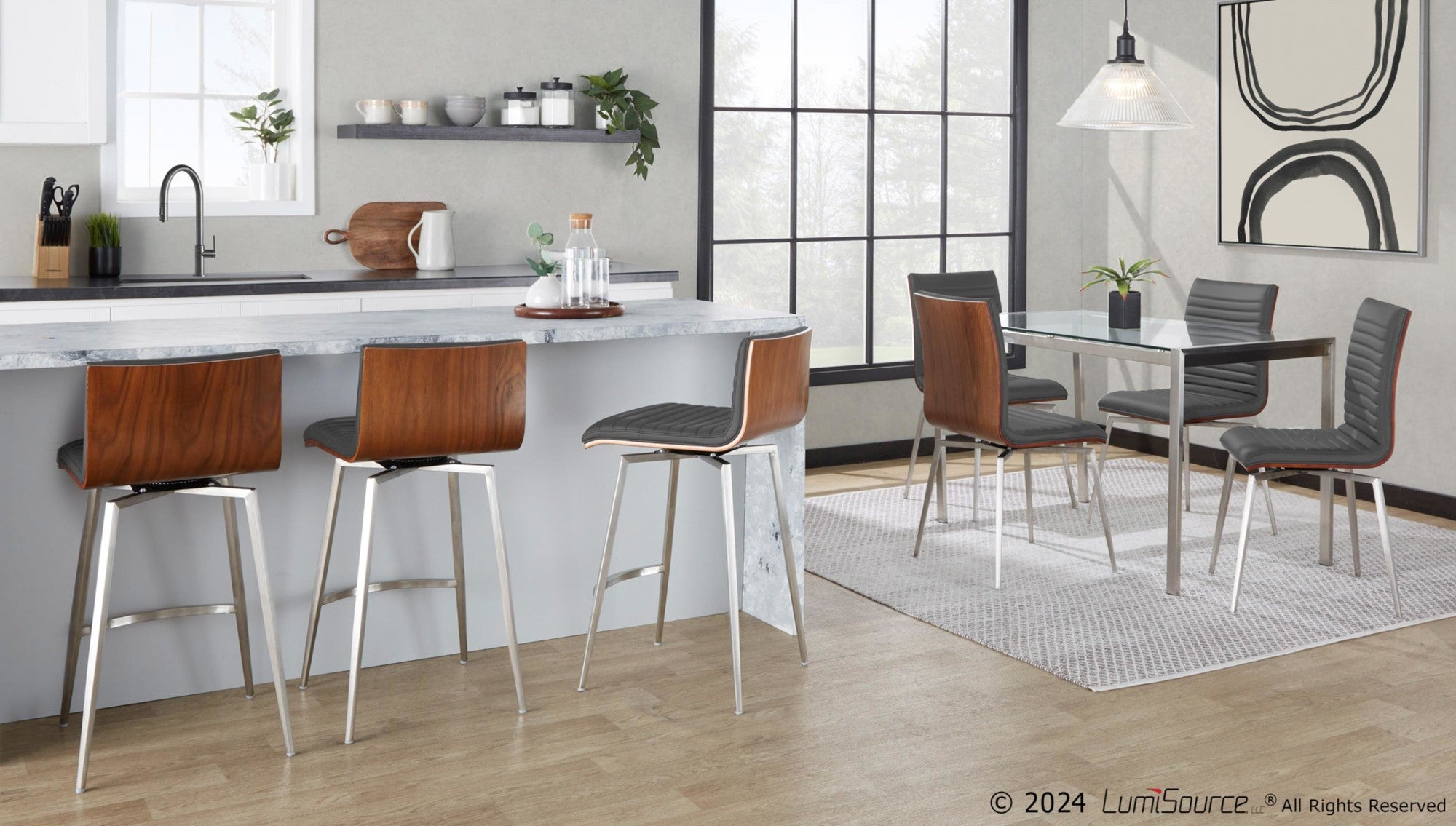 Mason 26" Fixed-Height Counter Stool - Set of 2 - Stainless Steel, Walnut Wood, Grey PU