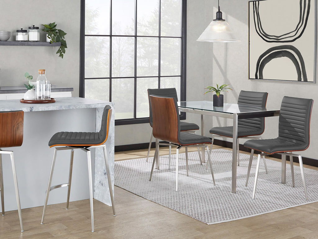 Mason 26" Fixed-Height Counter Stool - Set of 2 - Stainless Steel, Walnut Wood, Grey PU