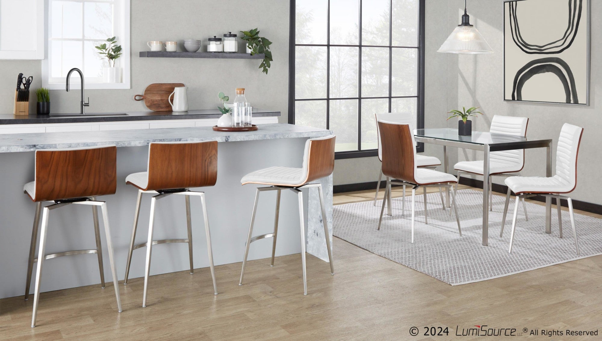 Mason 26" Fixed-Height Counter Stool - Set of 2 - Stainless Steel, Walnut Wood, White PU