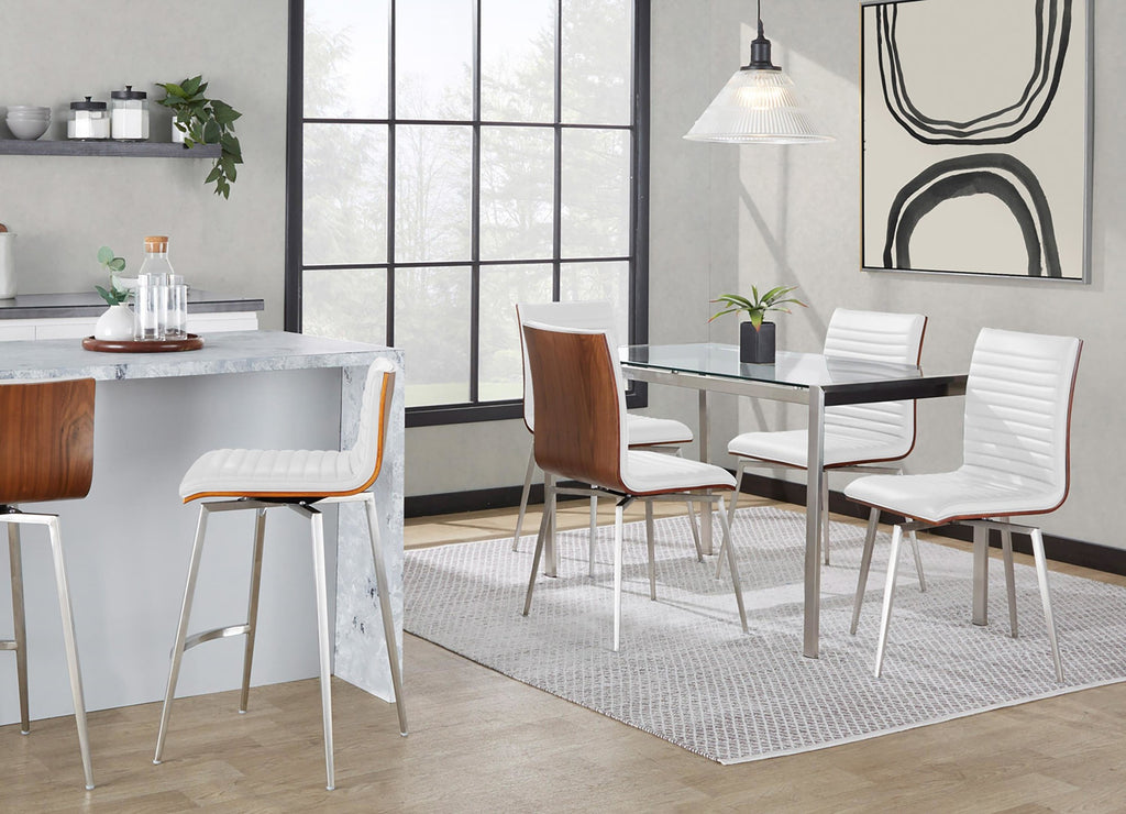 Mason 26" Fixed-Height Counter Stool - Set of 2 - Stainless Steel, Walnut Wood, White PU