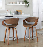 Symphony 24" Fixed-Height Counter Stool - Set of 2 - Walnut Wood, Chrome Metal, Espresso PU