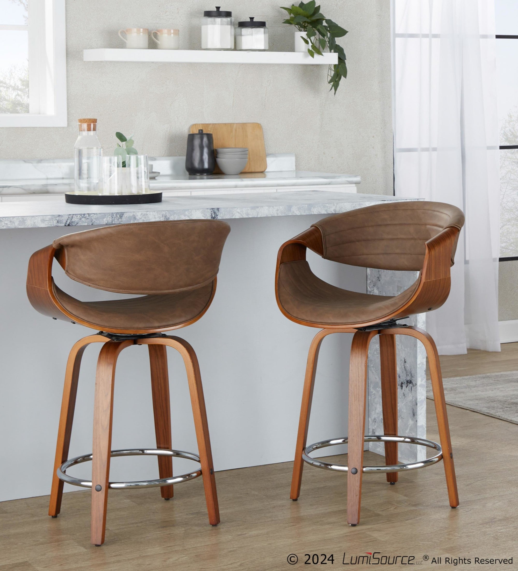 Symphony 24" Fixed-Height Counter Stool - Set of 2 - Walnut Wood, Chrome Metal, Espresso PU