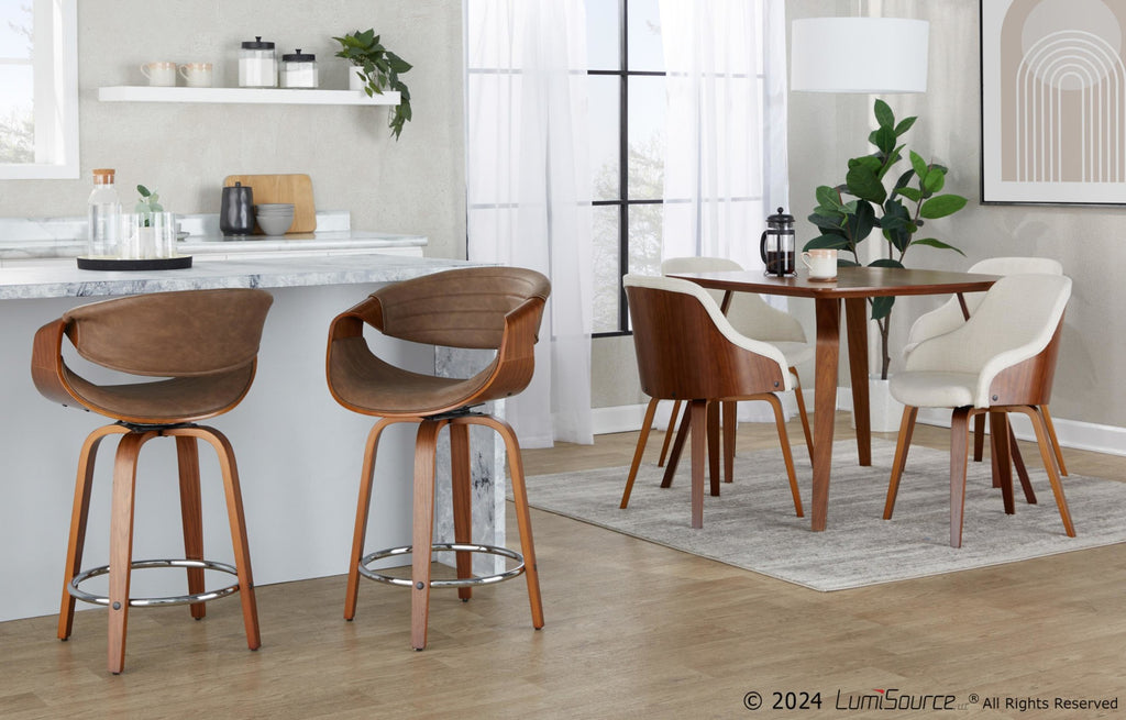 Symphony 24" Fixed-Height Counter Stool - Set of 2 - Walnut Wood, Chrome Metal, Espresso PU