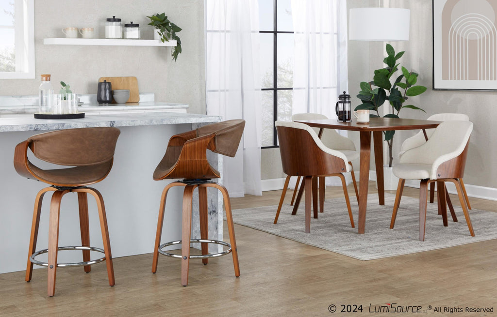 Symphony 24" Fixed-Height Counter Stool - Set of 2 - Walnut Wood, Chrome Metal, Espresso PU
