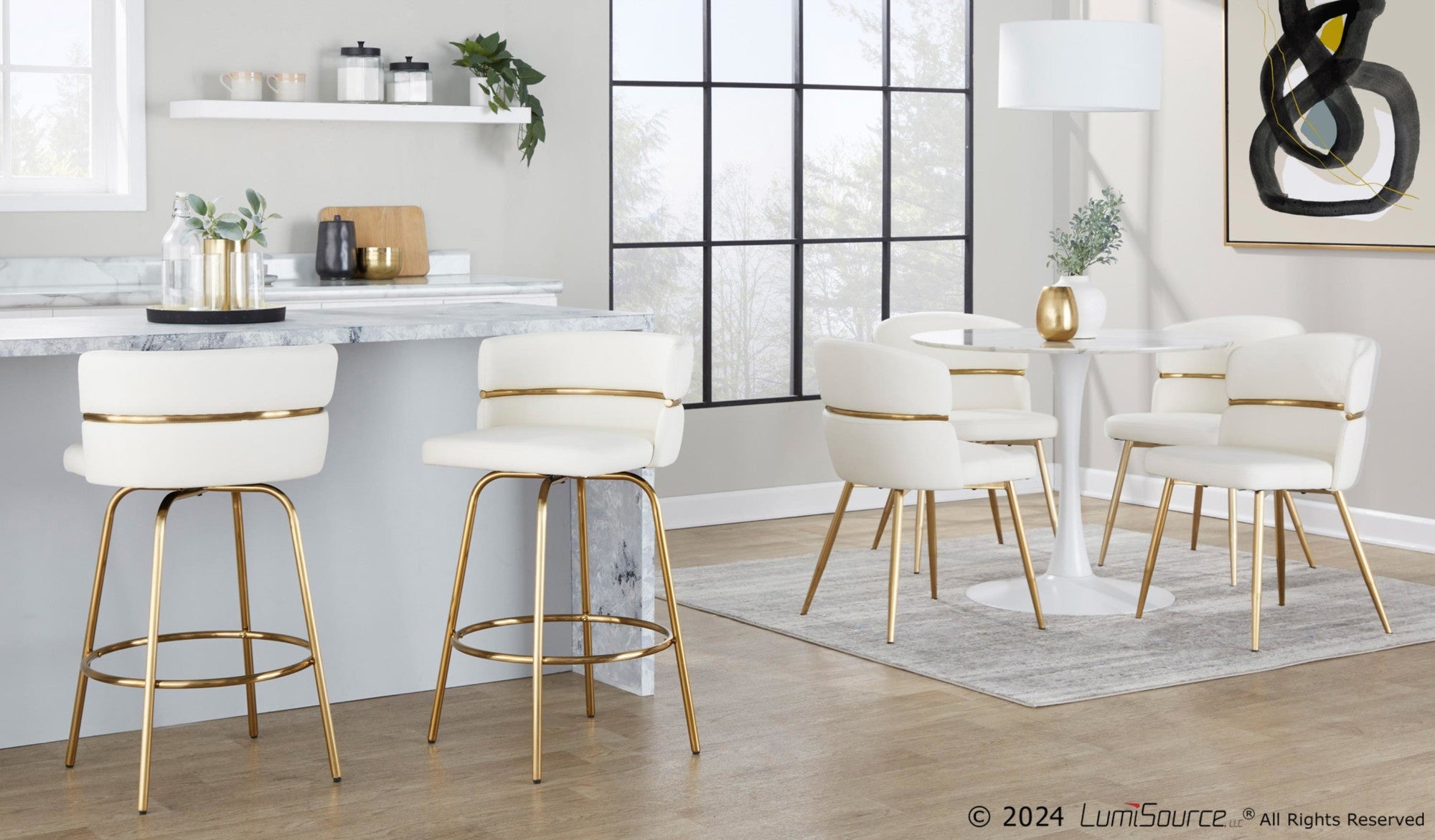 Cinch Claire 26" Fixed-Height Counter Stool - Set of 2 - Gold Metal, White PU