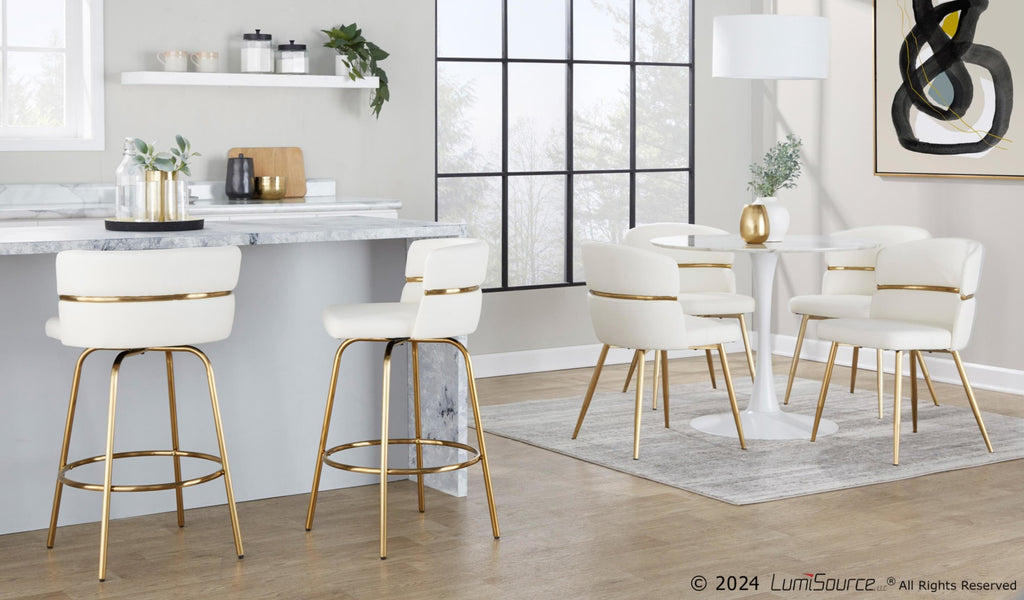 Cinch Claire 26" Fixed-Height Counter Stool - Set of 2 - Gold Metal, White PU