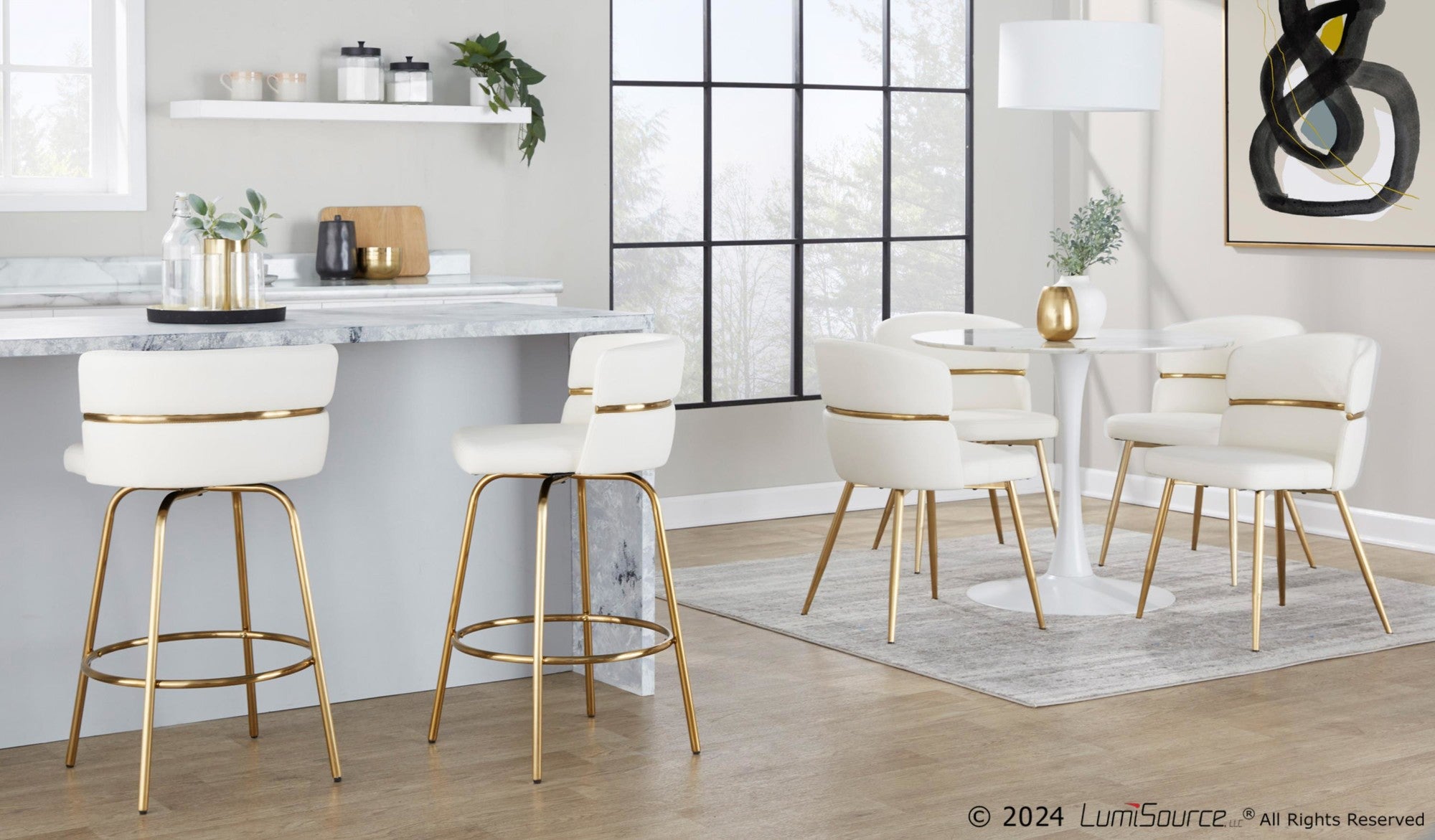 Cinch Claire 26" Fixed-Height Counter Stool - Set of 2 - Gold Metal, White PU
