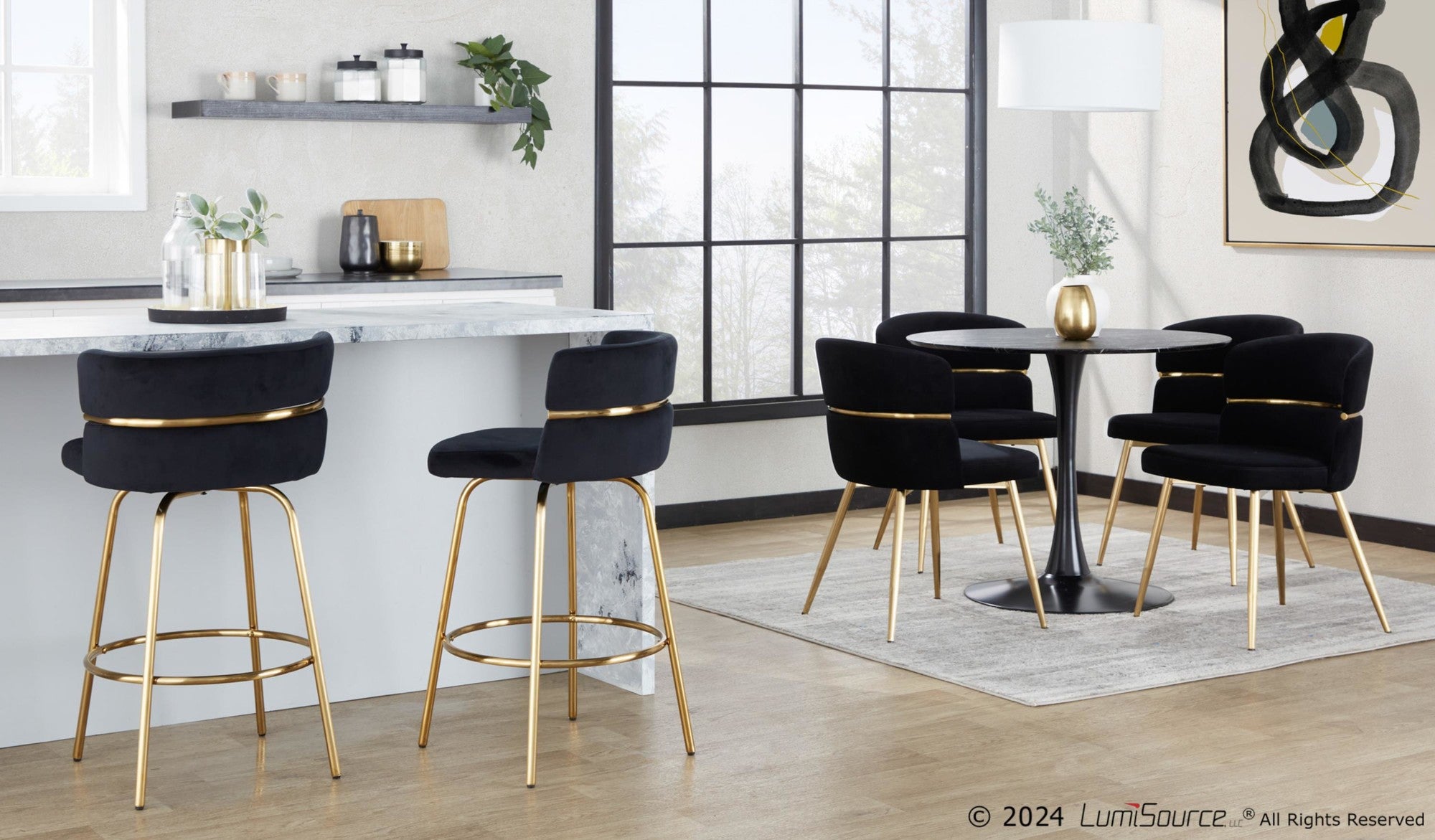 Cinch Claire 26" Fixed-Height Counter Stool - Set of 2 - Gold Metal, Black Velvet