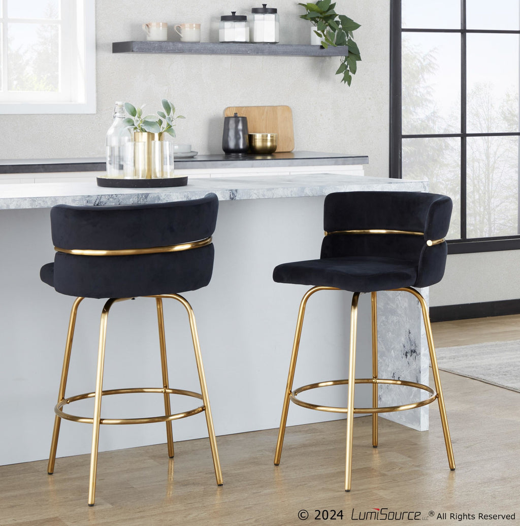 Cinch Claire 26" Fixed-Height Counter Stool - Set of 2 - Gold Metal, Black Velvet